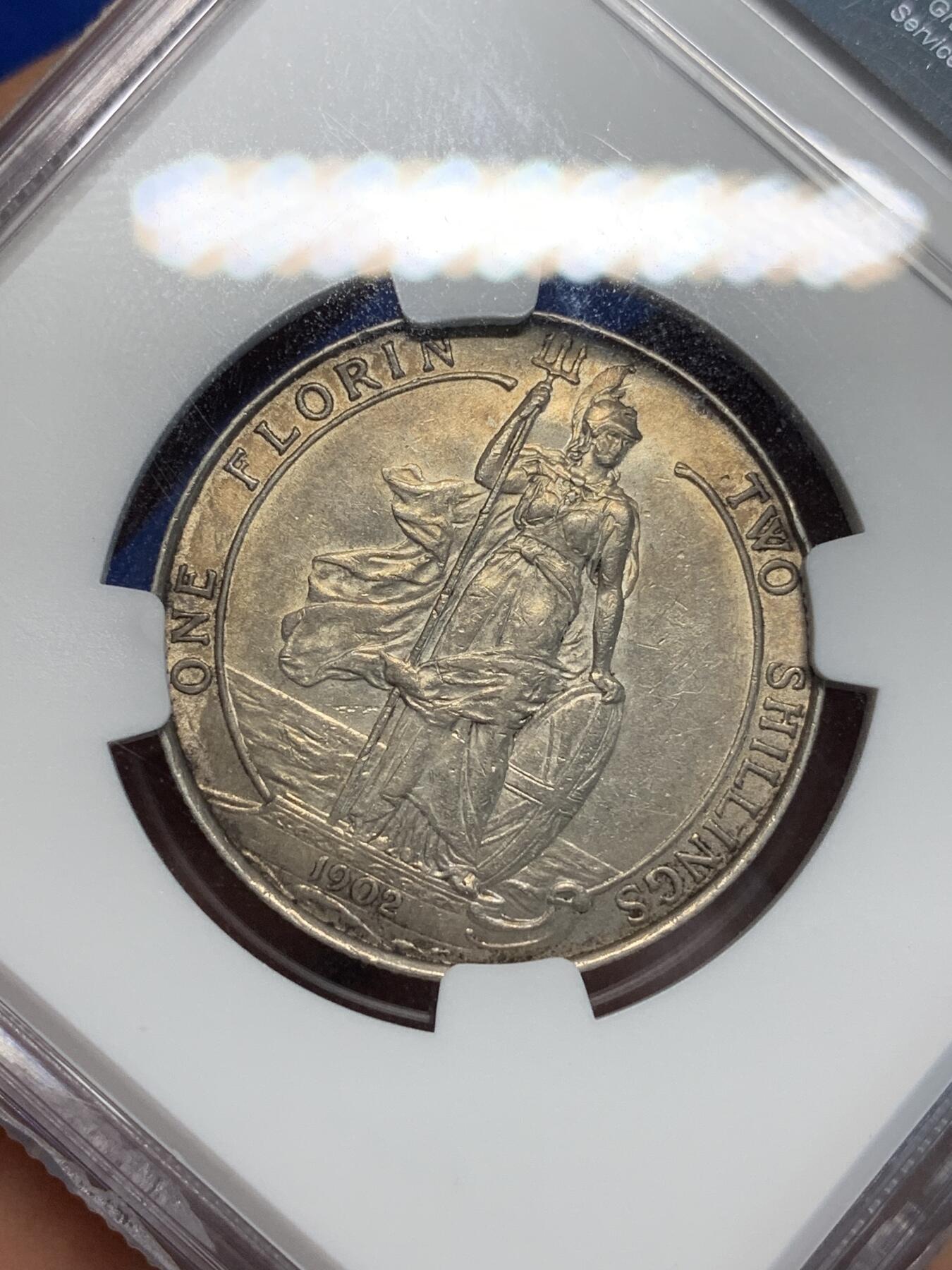《竞宝斋》第305场   周日，周一 2场连拍 （全场包邮） NGC AU55 英国1902年爱德华七世海神弗洛林银币 经典品种