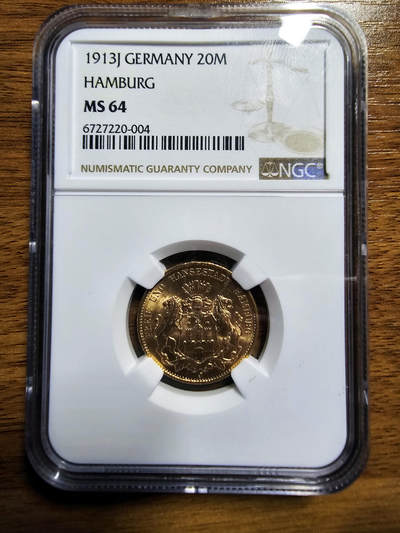 【Blue Auction】✨世界纸币精拍第541期【精】 - 德国 汉堡 1913年20马克 双狮金币 金光灿灿 底光莹润 NGC MS64 高分