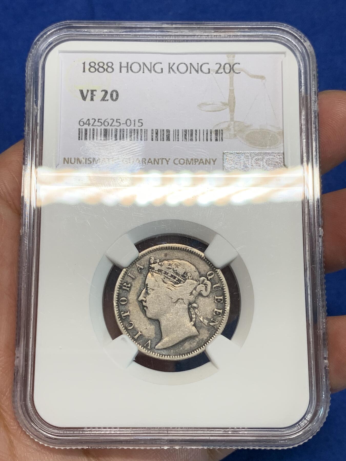 《竞宝斋》第305场   周日，周一 2场连拍 （全场包邮） NGC VF20 香港 1888年 贰毫 维多利亚 银币 原味币 好年份，市场上少见，收藏佳品