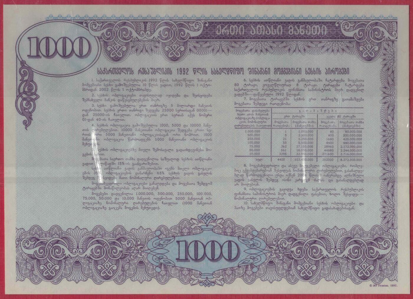 格鲁吉亚1992年1000拉里 国债券 无4 大票幅 实物图 UNC