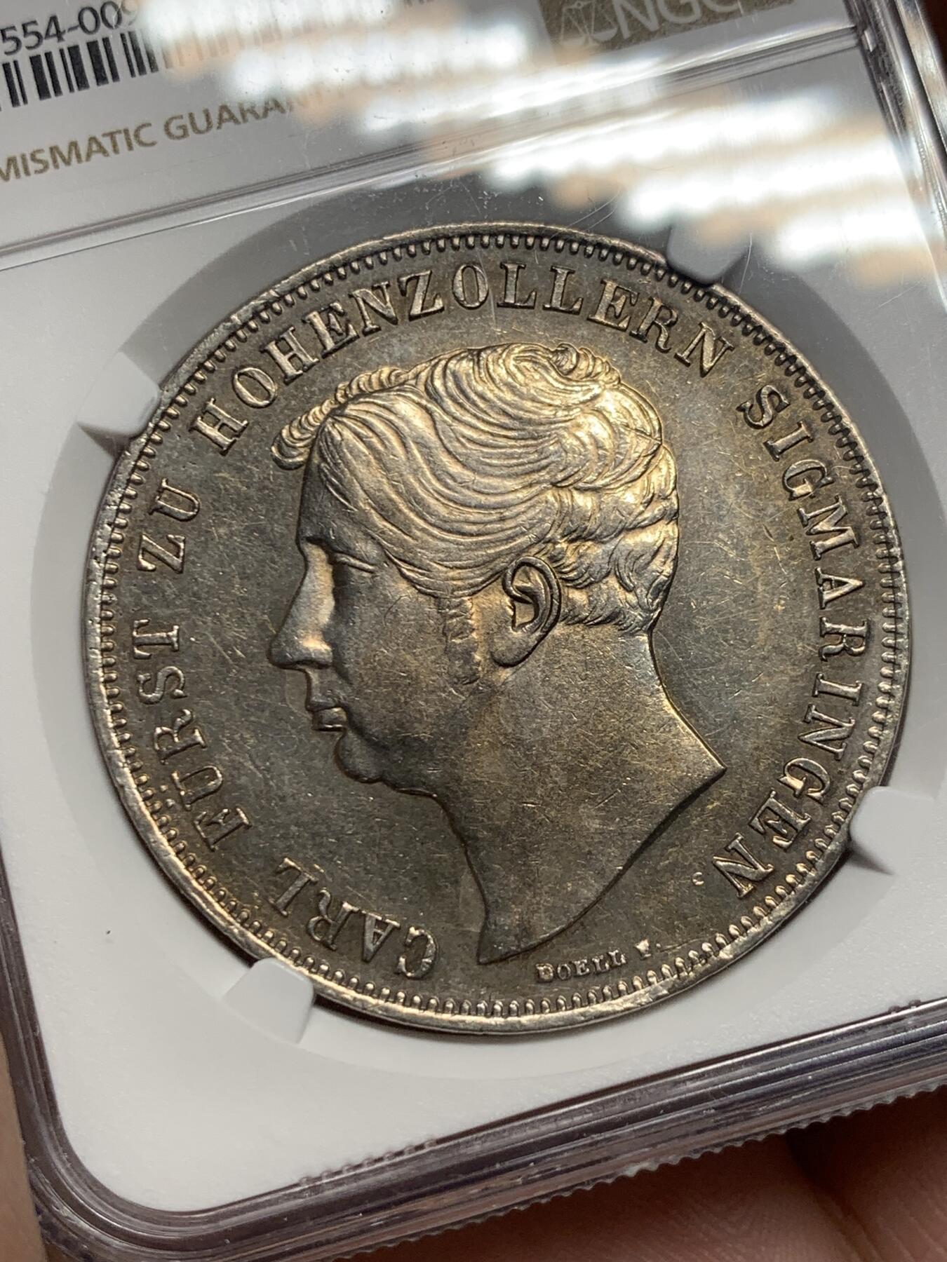 《竞宝斋》第305场   周日，周一 2场连拍 （全场包邮） 稀少 NGC AU58 德国 1844  霍亨索伦 2泰勒银币 大银币 资料显示3000枚的发行量 可见难得