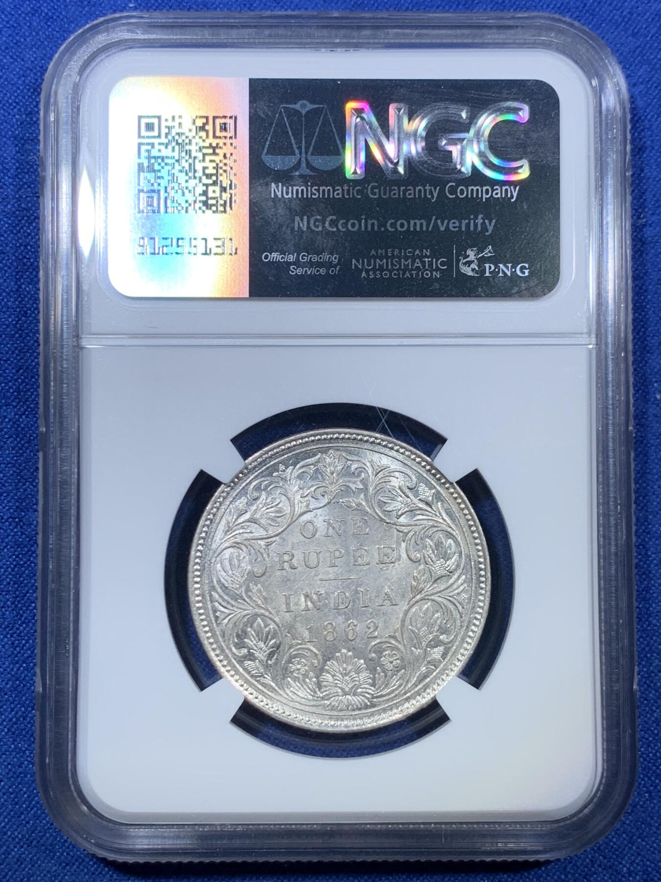 《竞宝斋》第305场   周日，周一 2场连拍 （全场包邮） NGC AU58 印度1862年维多利亚卢比银币 首年版，光度很好。