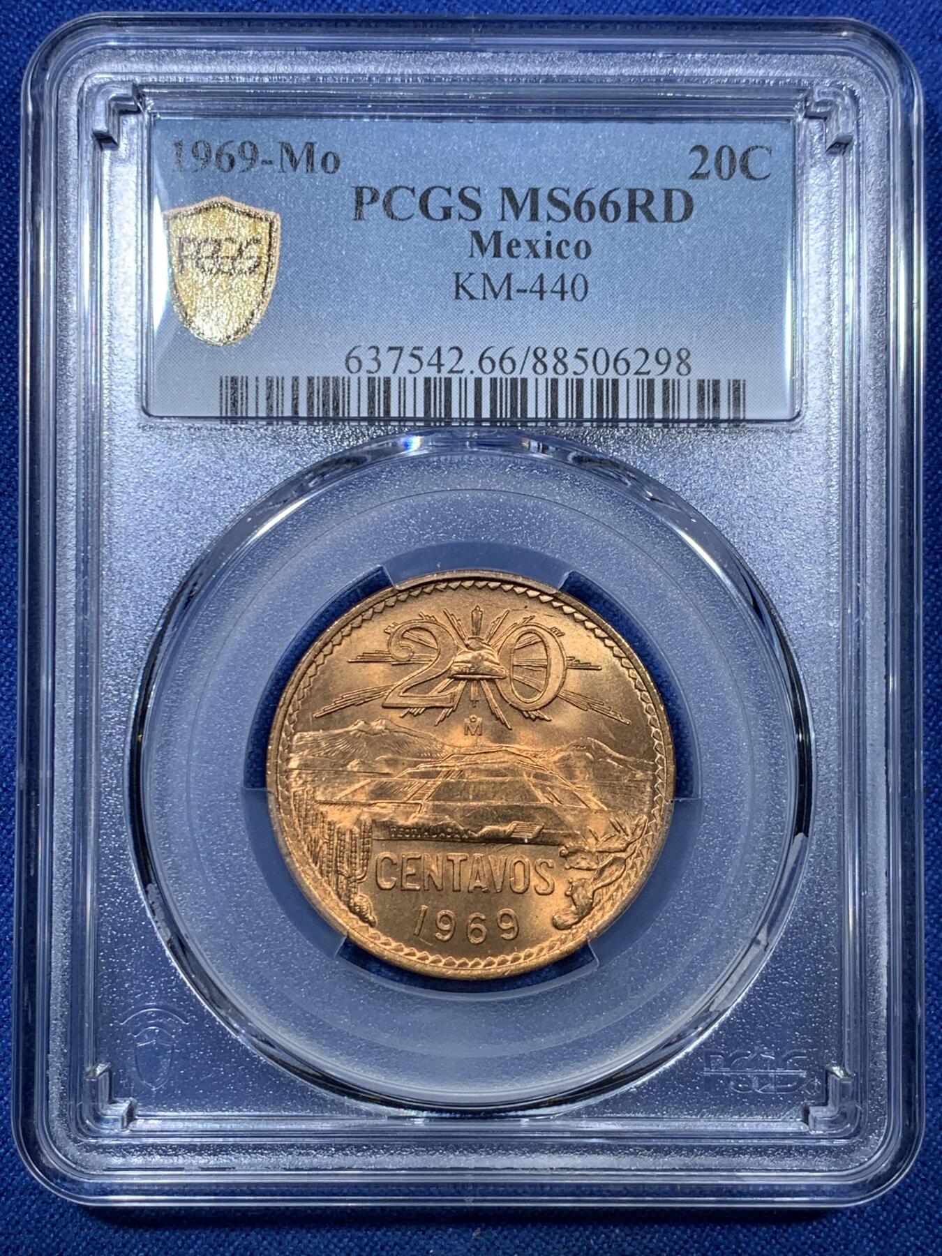 《竞宝斋》第305场   周日，周一 2场连拍 （全场包邮） PCGS MS66RD 墨西哥1969年20分铜币 高分RD难得