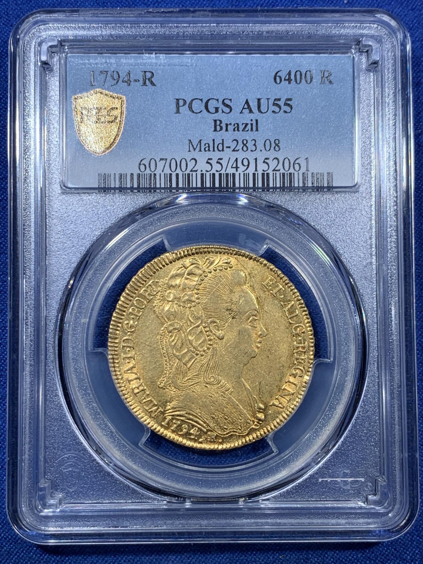 《竞宝斋》第305场   周日，周一 2场连拍 （全场包邮） PCGS AU55 1794年葡属巴西6400R大金币 首位葡萄牙女王玛丽亚一世 金光耀眼 直径大 非常漂亮  14.34g 917金