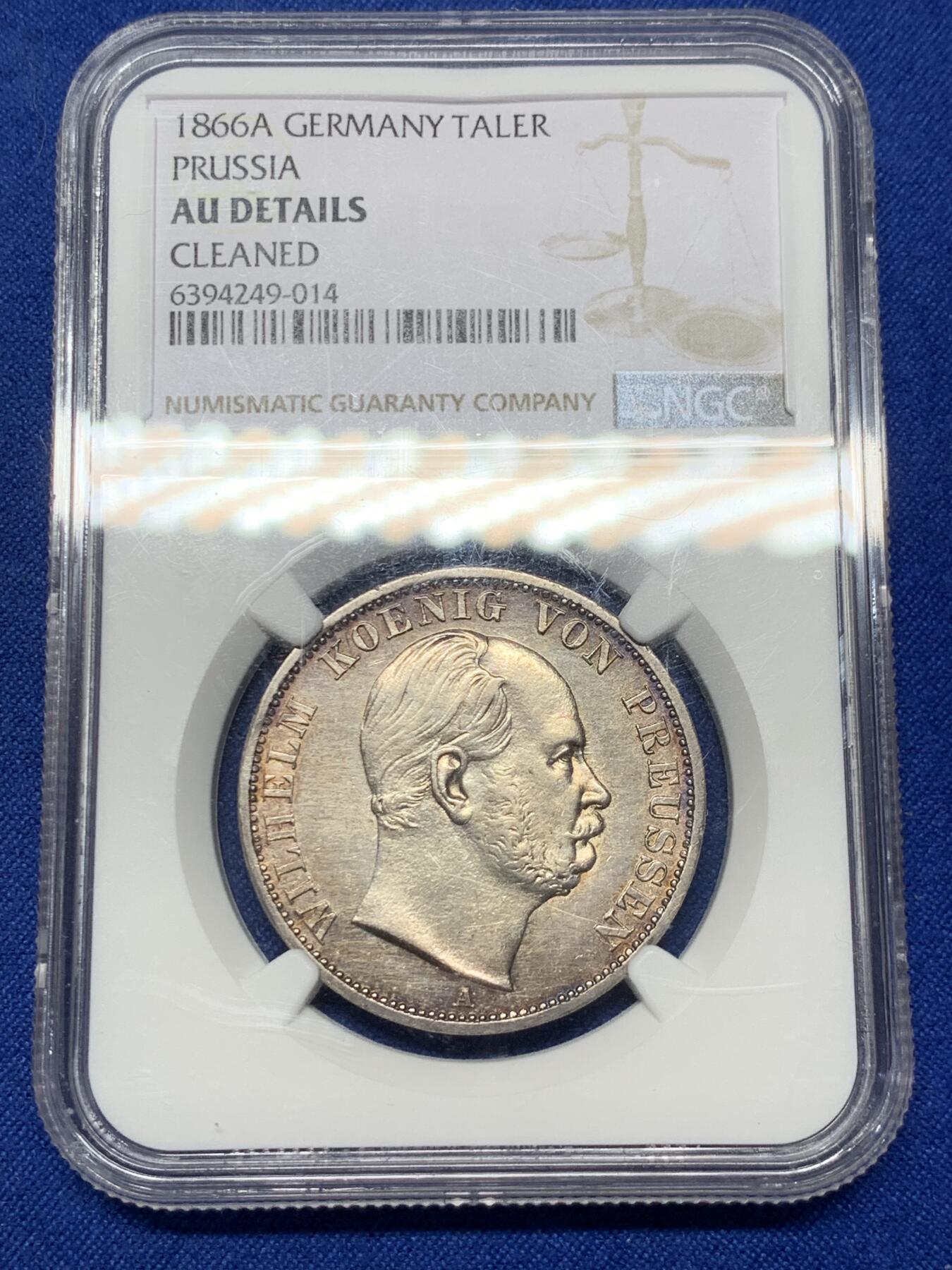 《竞宝斋》第305场   周日，周一 2场连拍 （全场包邮） NGC AUD 1866年德国普鲁士威廉一世1泰勒银币