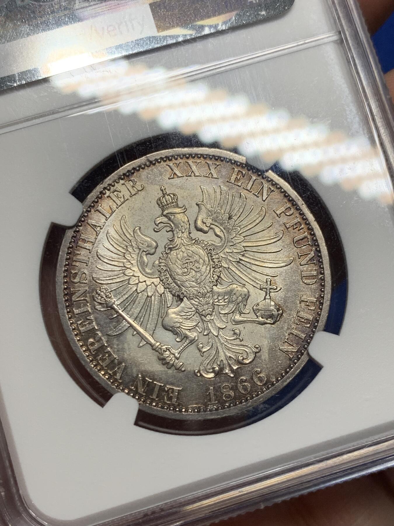 《竞宝斋》第305场   周日，周一 2场连拍 （全场包邮） NGC AUD 1866年德国普鲁士威廉一世1泰勒银币