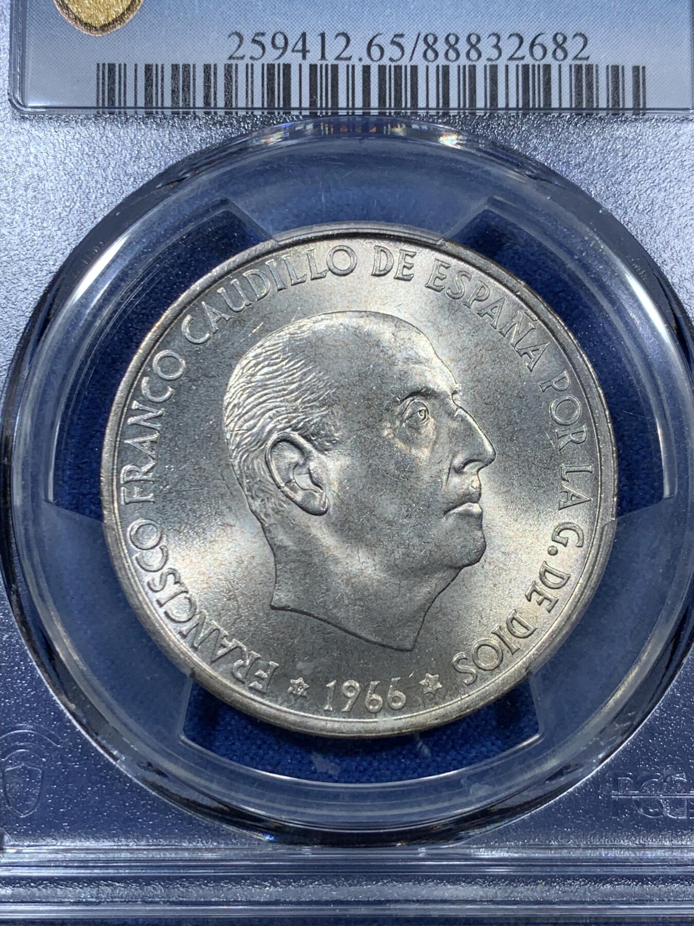 《竞宝斋》第305场   周日，周一 2场连拍 （全场包邮） PCGS MS65 西班牙1966年独裁者佛朗哥100比塞塔银币！不多见的状态！