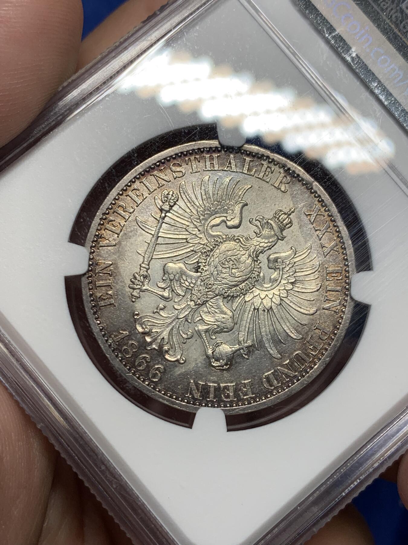 《竞宝斋》第305场   周日，周一 2场连拍 （全场包邮） NGC AUD 1866年德国普鲁士威廉一世1泰勒银币