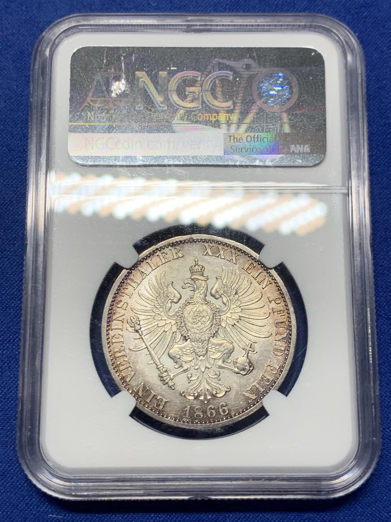 《竞宝斋》第305场   周日，周一 2场连拍 （全场包邮） NGC AUD 1866年德国普鲁士威廉一世1泰勒银币