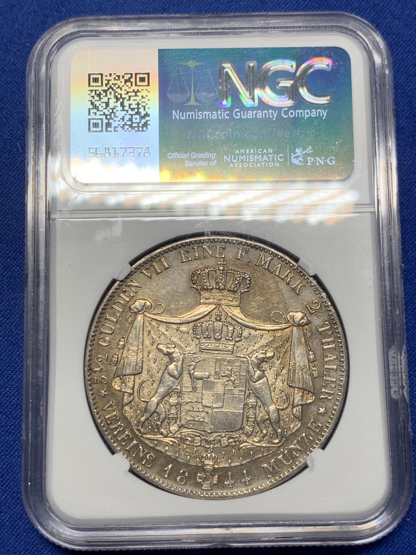 《竞宝斋》第305场   周日，周一 2场连拍 （全场包邮） 稀少 NGC AU58 德国 1844  霍亨索伦 2泰勒银币 大银币 资料显示3000枚的发行量 可见难得