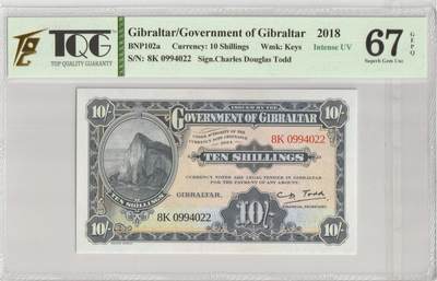 PThappally收藏第40次拍卖，英联邦地区硬币纸币 - 直布罗陀 GIBRALTAR, Government of Gibraltar 2018 - 10 Shillings, Pick 41 NS# 8K 0994022 TQG 67 GEPQ Superb Gem UNC