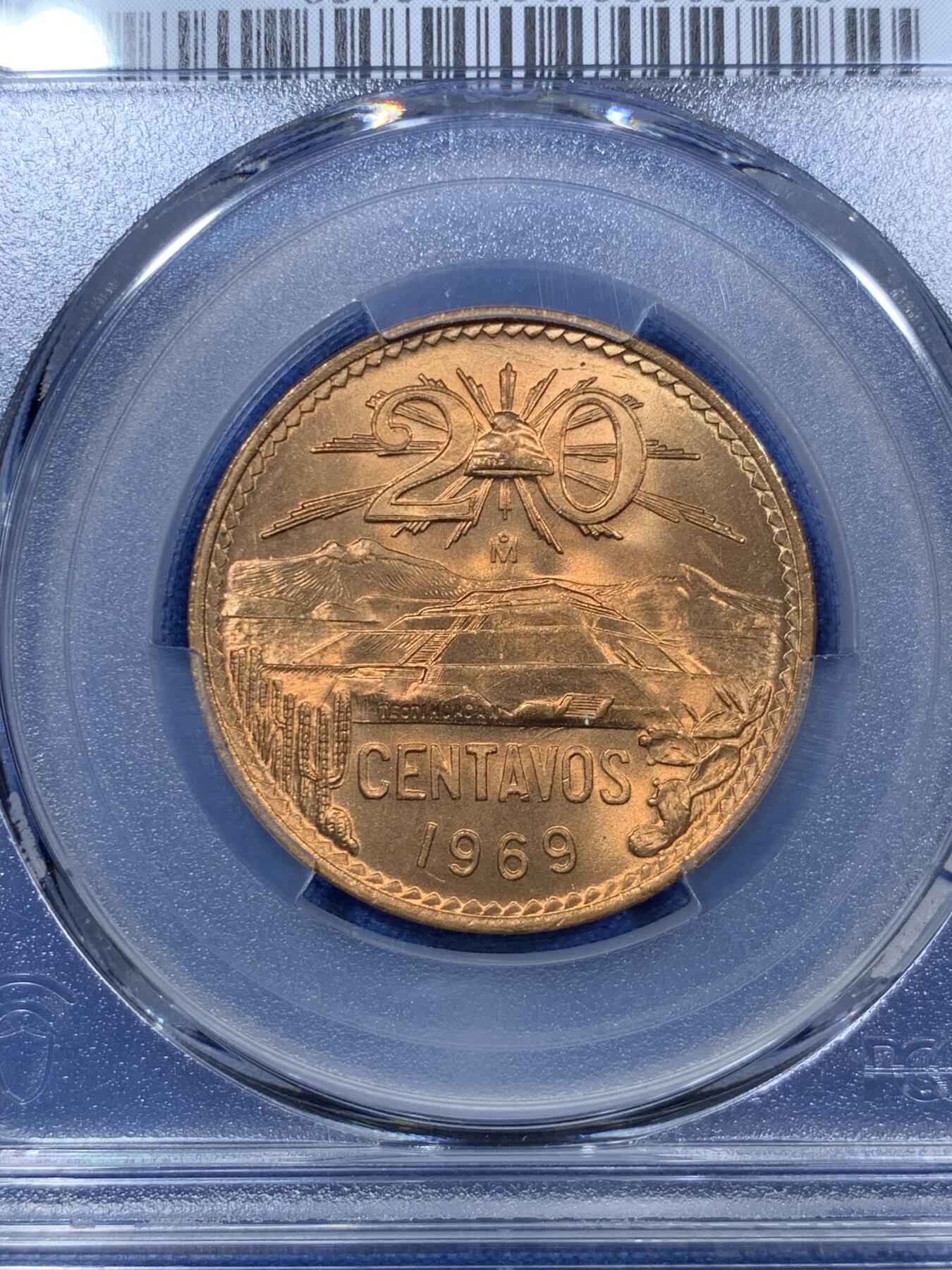 《竞宝斋》第305场   周日，周一 2场连拍 （全场包邮） PCGS MS66RD 墨西哥1969年20分铜币 高分RD难得