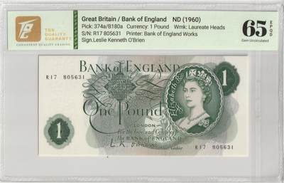 PThappally收藏第40次拍卖，英联邦地区硬币纸币 - 英国 GREAT BRITAIN, Bank of England ND1960 1 Pound Pick 374a Sign. L.K. O Brien. SN# R17 805631 TQG 65 EPQD Gem UNC