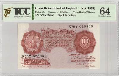 PThappally收藏第40次拍卖，英联邦地区硬币纸币 - 英国 GREAT BRITAIN, Bank of England ND1955 10 Shillings Pick 368c Sign. L.K. O Brien SN# X78Y 026860 TQG 64 UNC