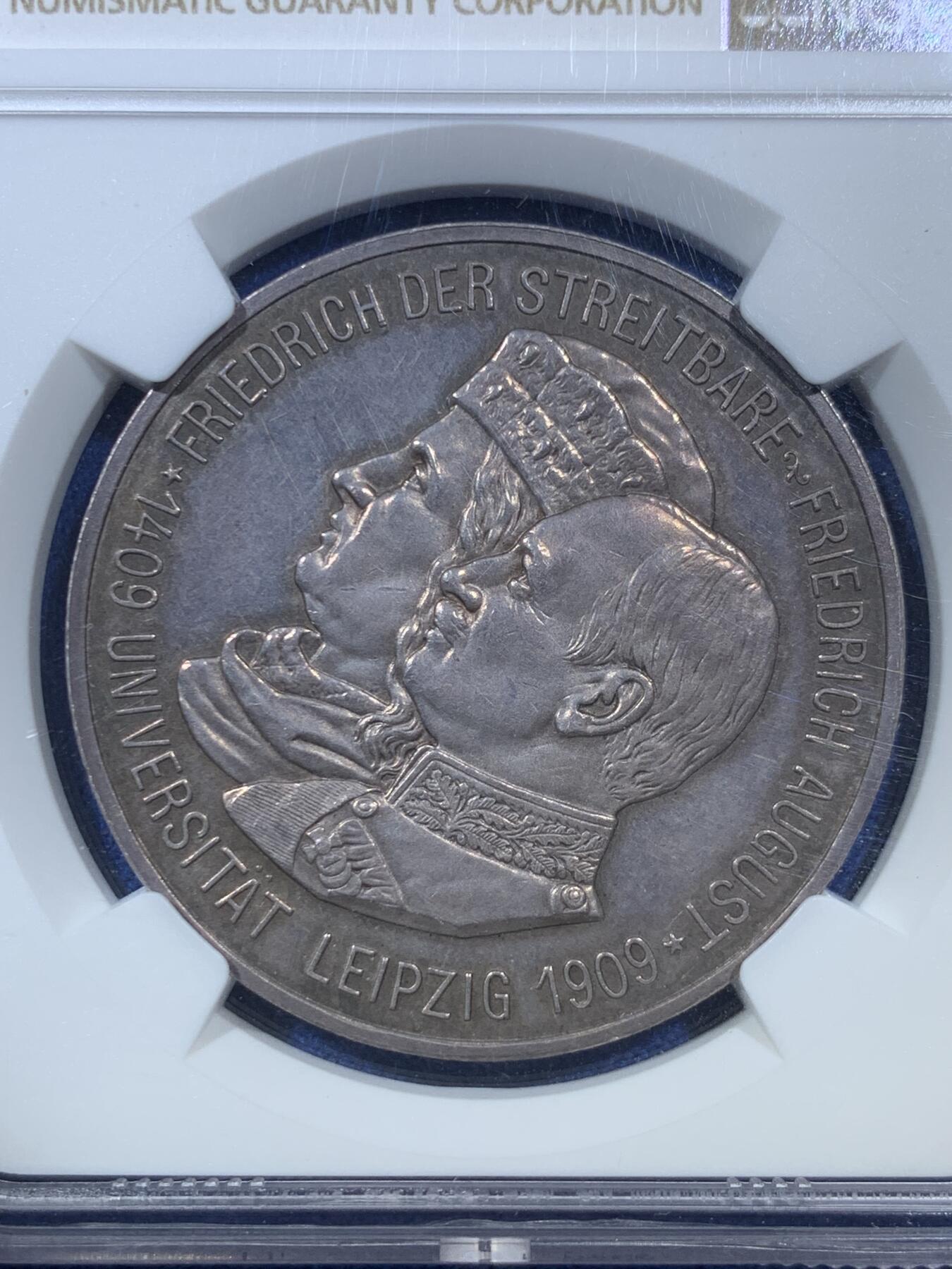 《竞宝斋》第306场   周日，周一 2场连拍 （全场包邮） NGC MS61 德国1909年萨克森-莱比锡大学500年纪念5马克银币