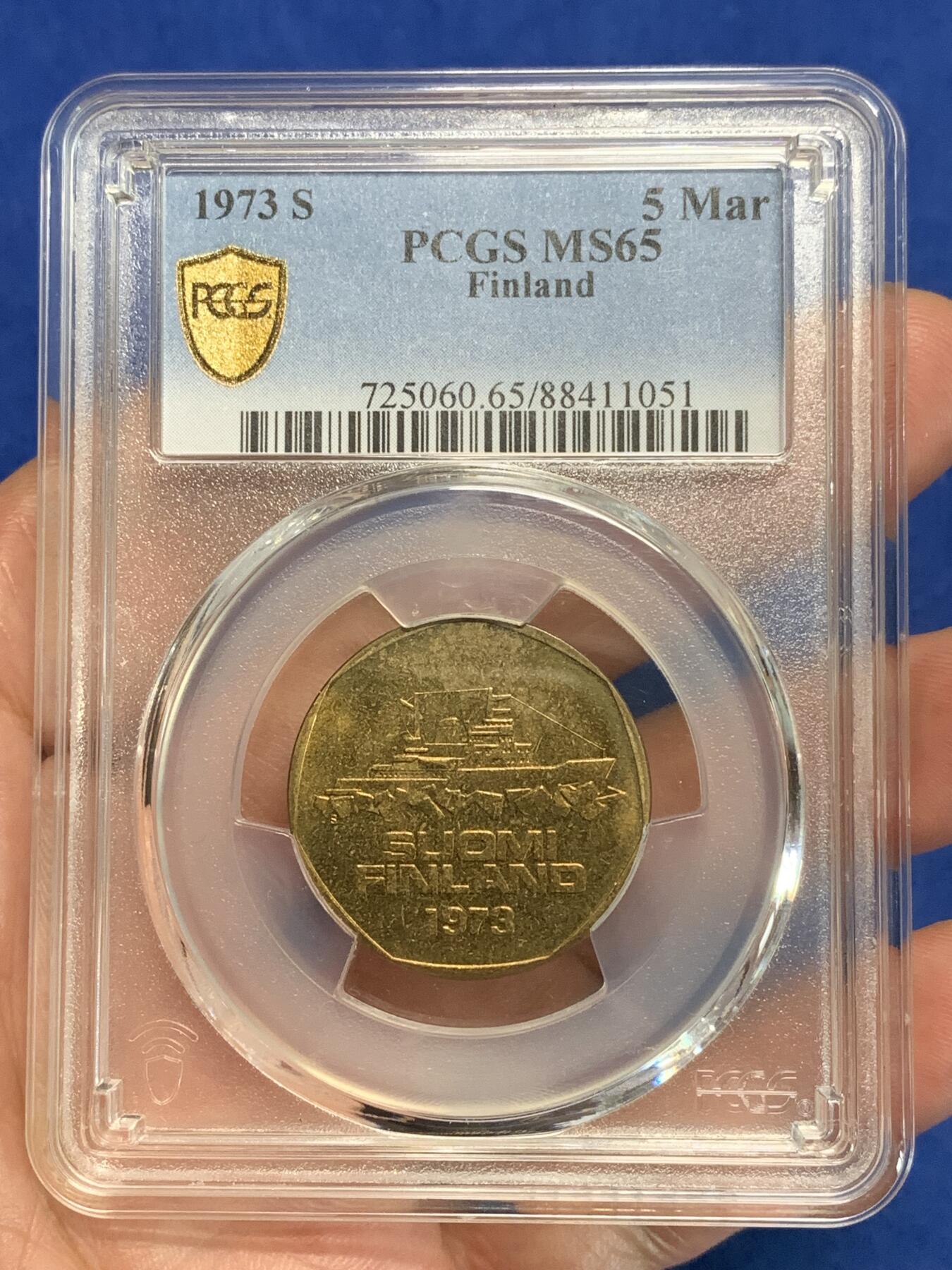 《竞宝斋》第306场   周日，周一 2场连拍 （全场包邮） PCGS MS65 芬兰1973破冰船5马克，多边形五马克不多见，唯一的冠军分！