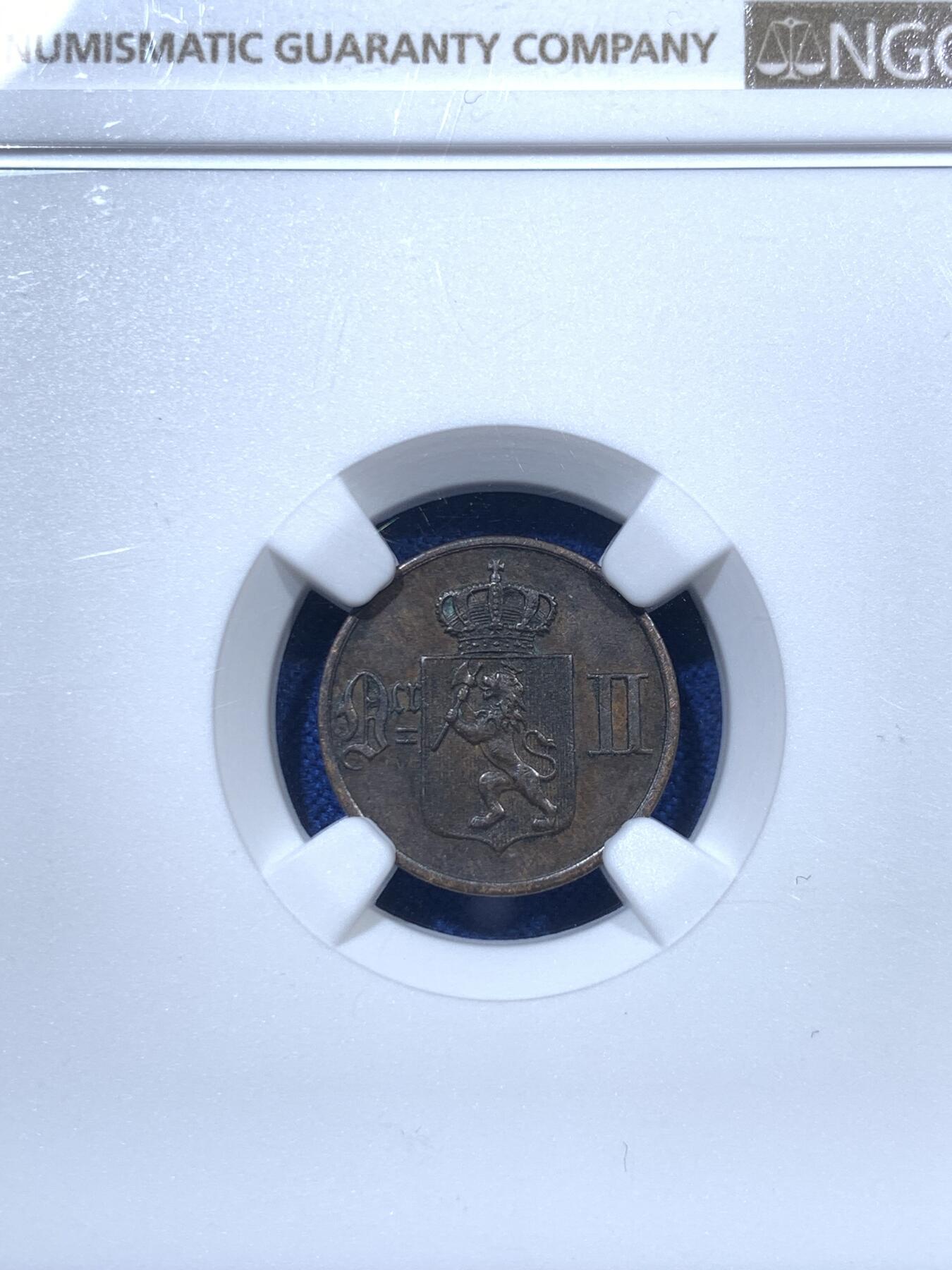 《竞宝斋》第306场   周日，周一 2场连拍 （全场包邮） 两枚一组 NGC AU55BN 挪威老铜币 都是较少见年份 单买通货都需200+一个，1欧尔到了这个状态更是凤毛麟角，北欧收藏佳品！