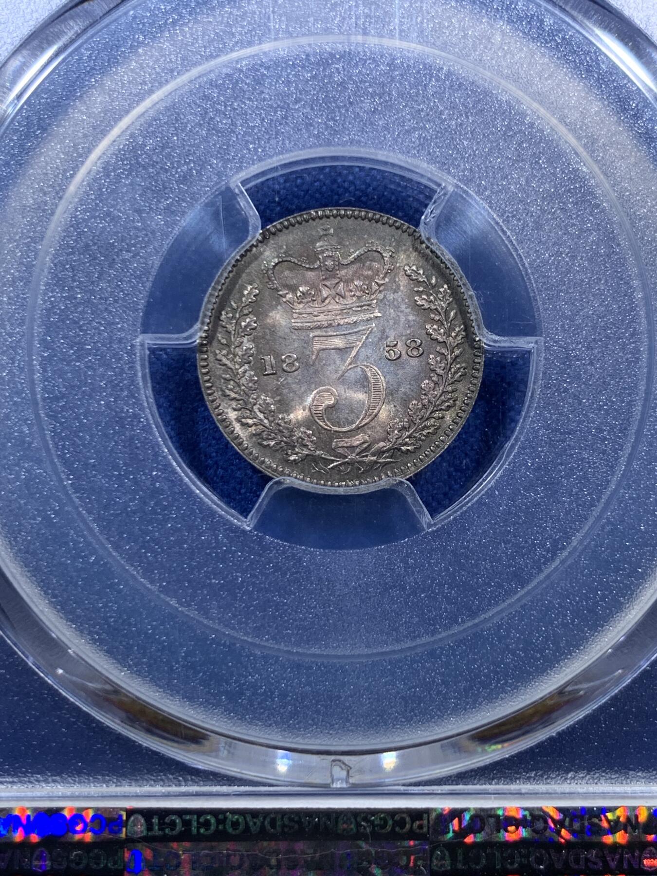 《竞宝斋》第306场   周日，周一 2场连拍 （全场包邮） 4枚一组 PCGS PL64-65 英国1858维多利亚早期濯足币，很难得，1D亚军分，2D冠军分，3D亚军分，4D季军分