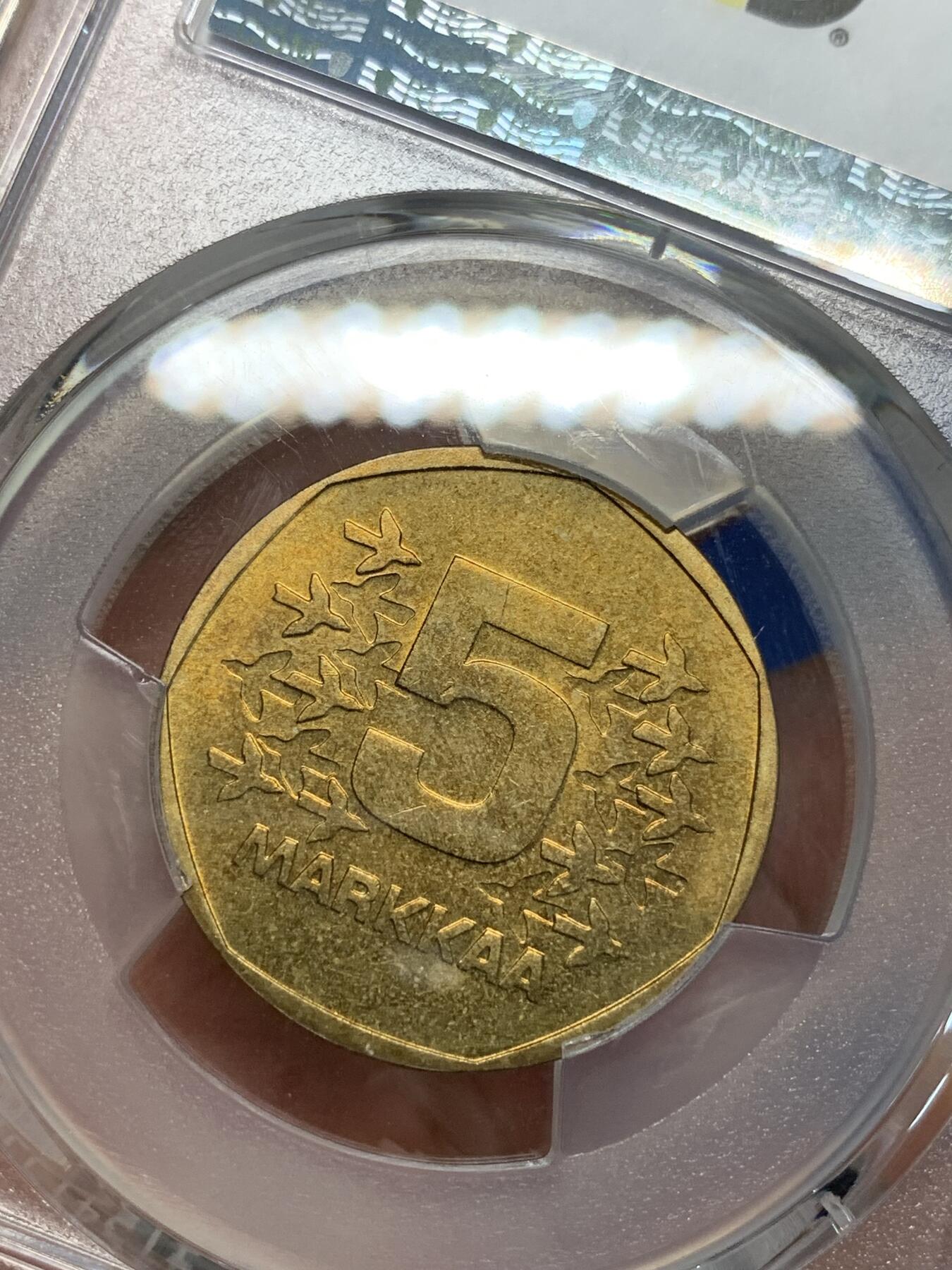 《竞宝斋》第306场   周日，周一 2场连拍 （全场包邮） PCGS MS65 芬兰1973破冰船5马克，多边形五马克不多见，唯一的冠军分！