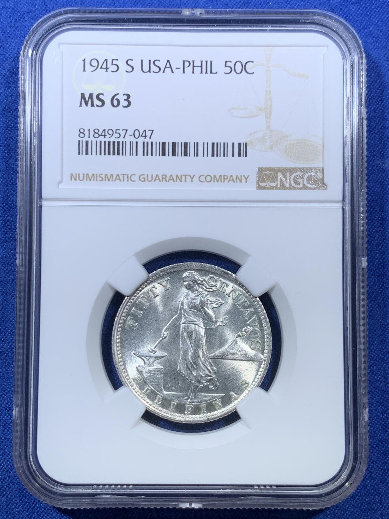 《竞宝斋》第306场   周日，周一 2场连拍 （全场包邮） NGC MS63 热门品种 1945 美属菲律宾 50分银币 两面转光 女神和国徽的细节犀利 绝对低评 喜欢白币的不容错过