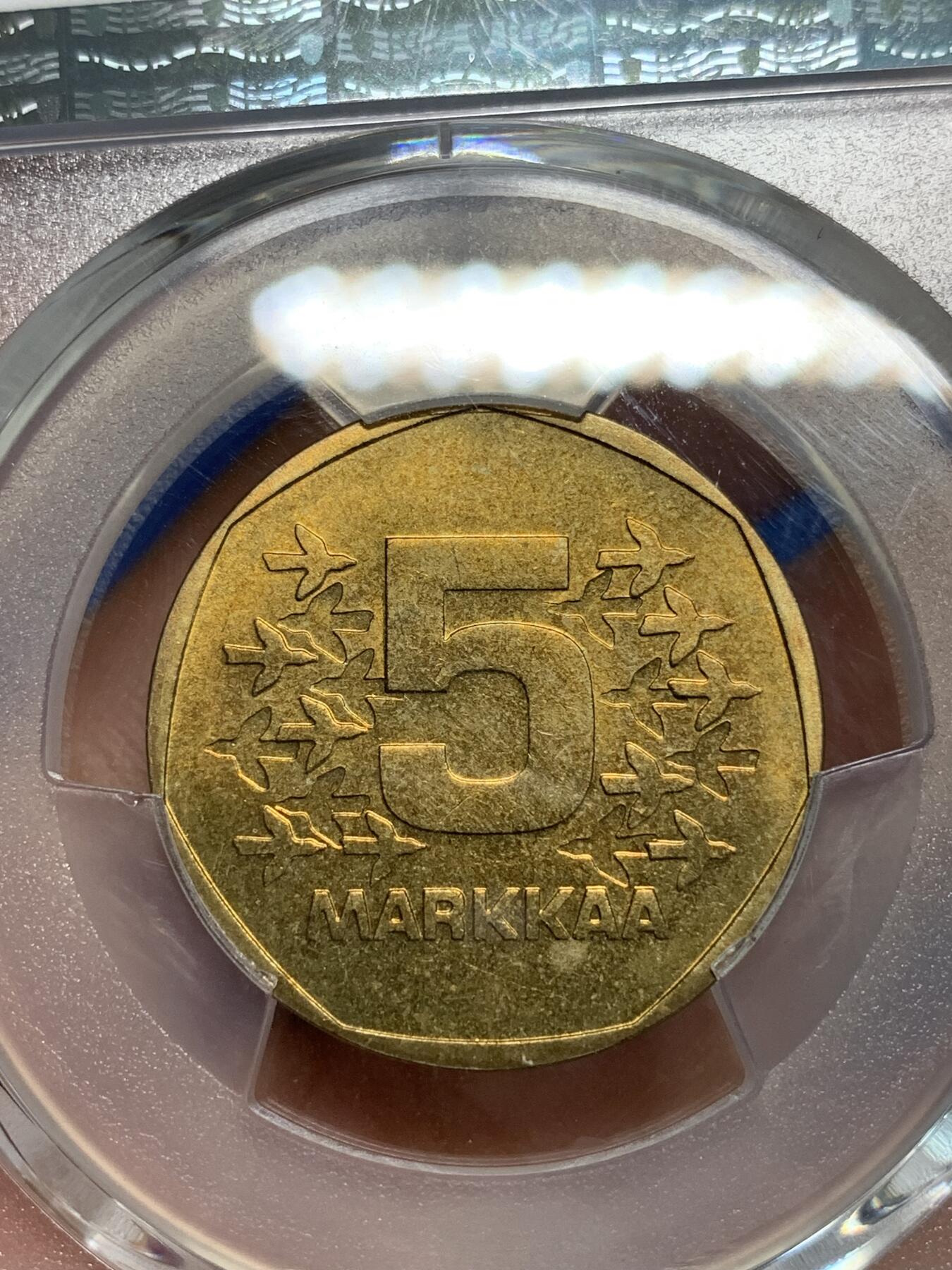 《竞宝斋》第306场   周日，周一 2场连拍 （全场包邮） PCGS MS65 芬兰1973破冰船5马克，多边形五马克不多见，唯一的冠军分！
