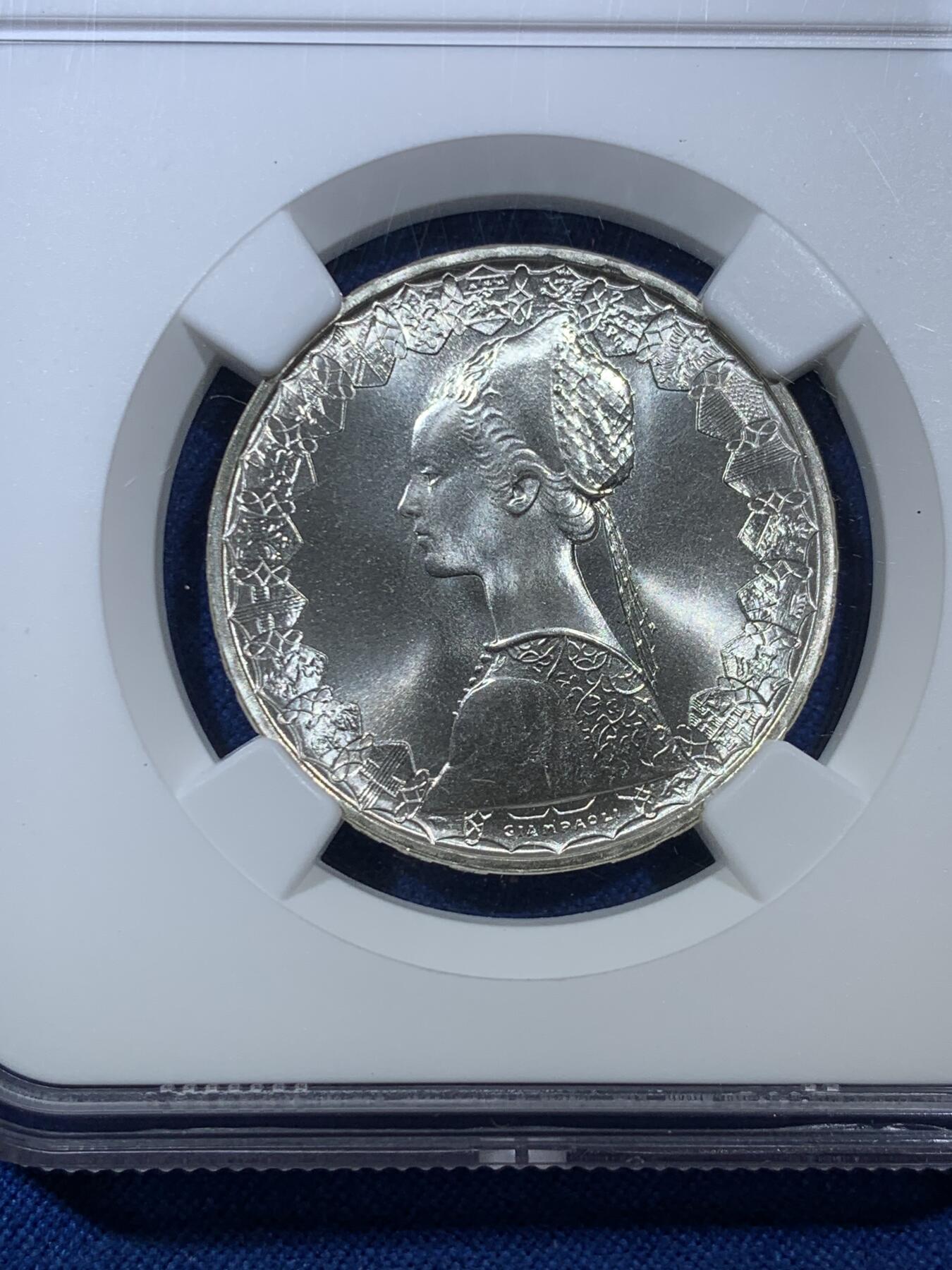 《竞宝斋》第306场   周日，周一 2场连拍 （全场包邮） NGC MS67 意大利1969年帆船少女500里拉银币 经典美女图案，顶级高分