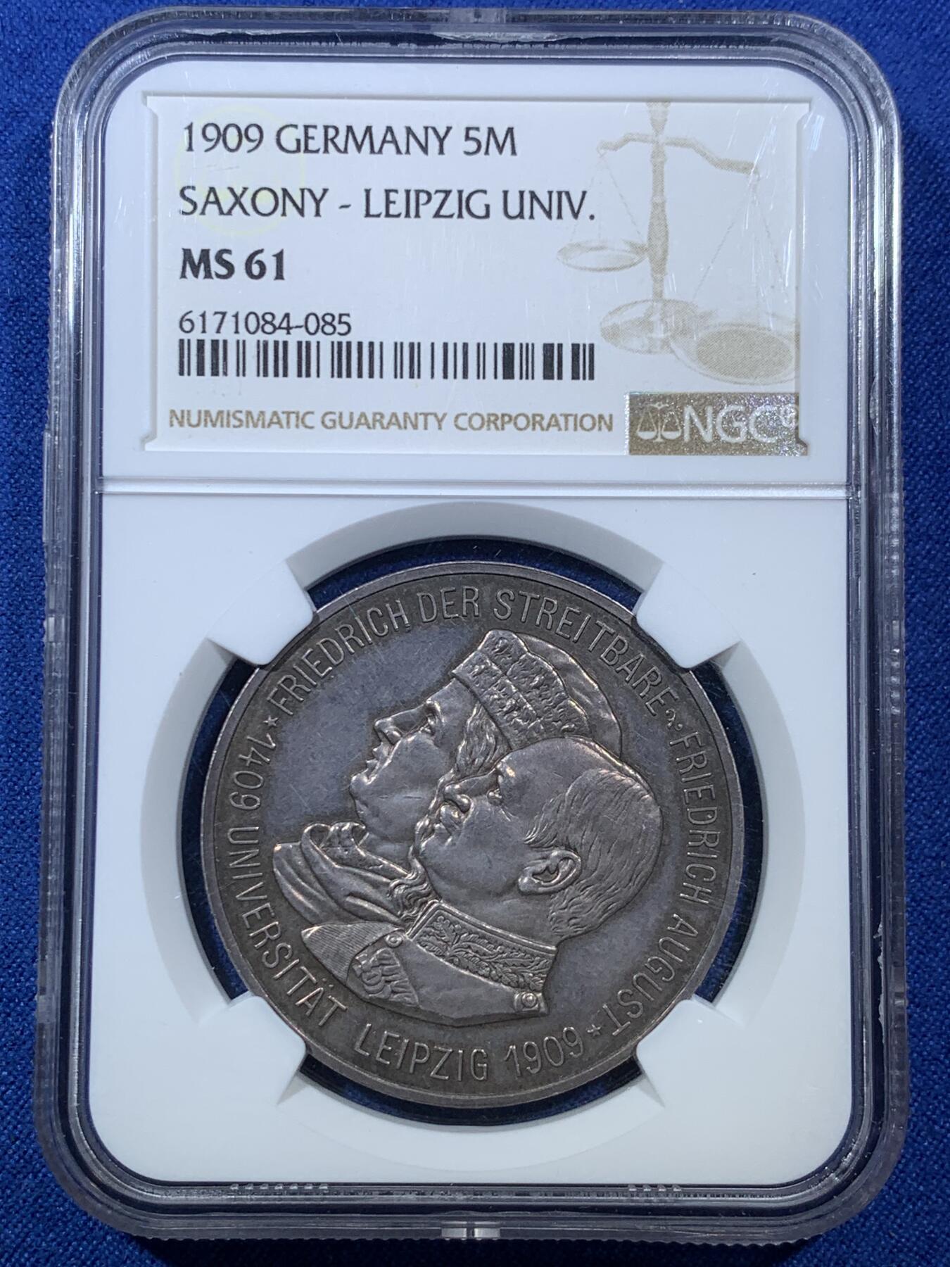 《竞宝斋》第306场   周日，周一 2场连拍 （全场包邮） NGC MS61 德国1909年萨克森-莱比锡大学500年纪念5马克银币