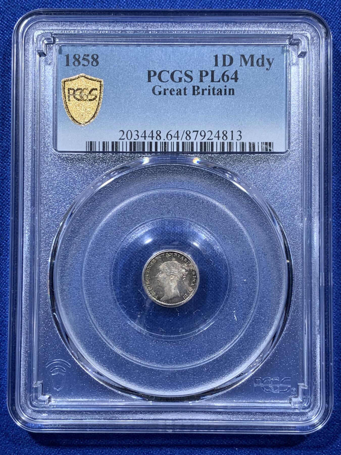 《竞宝斋》第306场   周日，周一 2场连拍 （全场包邮） 4枚一组 PCGS PL64-65 英国1858维多利亚早期濯足币，很难得，1D亚军分，2D冠军分，3D亚军分，4D季军分