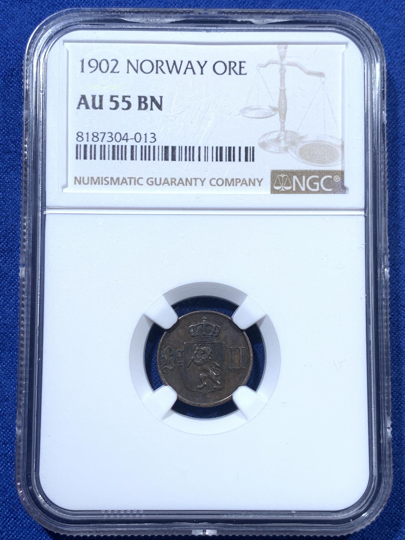 《竞宝斋》第306场   周日，周一 2场连拍 （全场包邮） 两枚一组 NGC AU55BN 挪威老铜币 都是较少见年份 单买通货都需200+一个，1欧尔到了这个状态更是凤毛麟角，北欧收藏佳品！