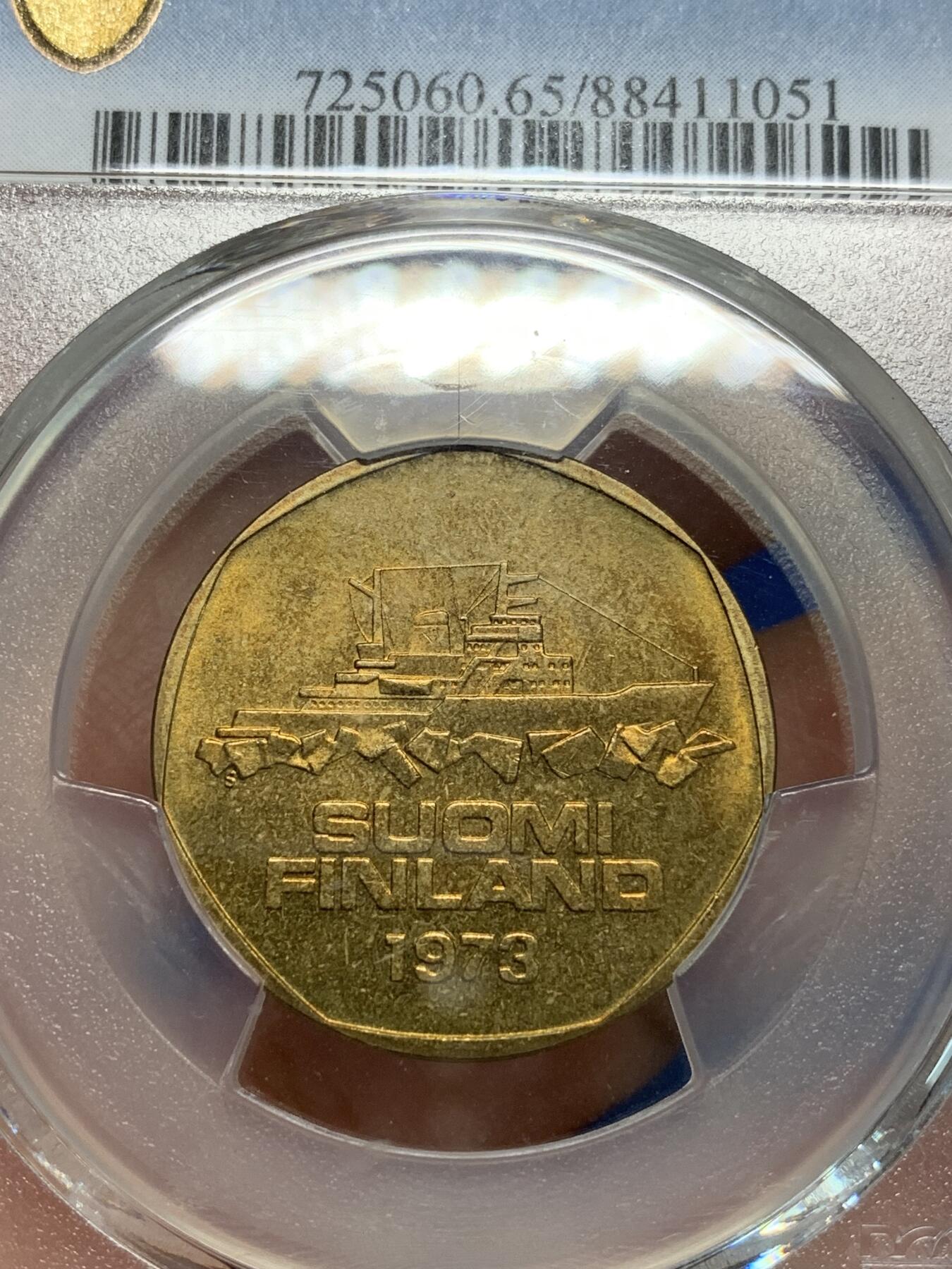 《竞宝斋》第306场   周日，周一 2场连拍 （全场包邮） PCGS MS65 芬兰1973破冰船5马克，多边形五马克不多见，唯一的冠军分！