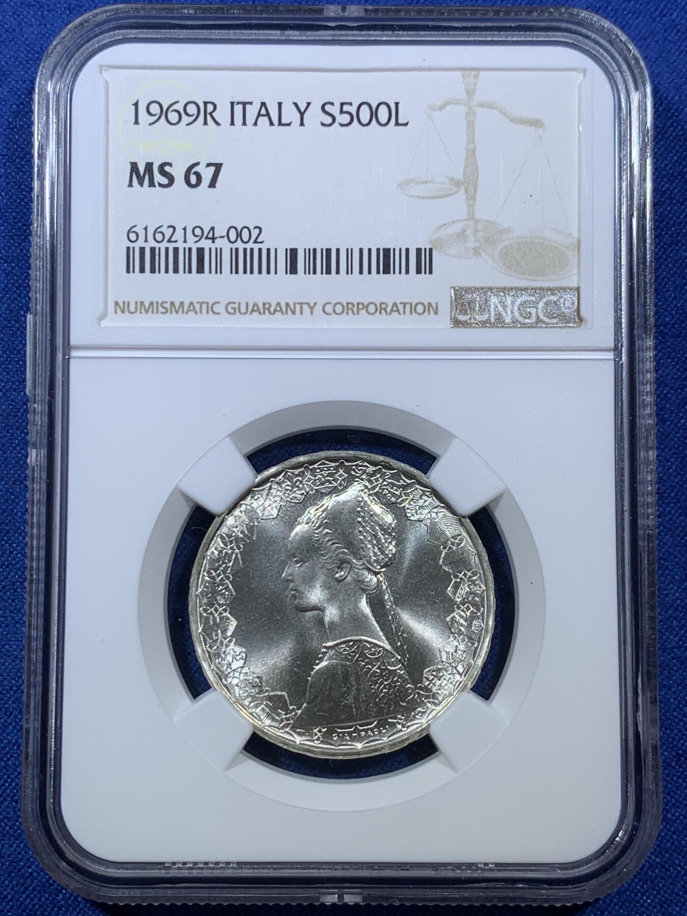 《竞宝斋》第306场   周日，周一 2场连拍 （全场包邮） NGC MS67 意大利1969年帆船少女500里拉银币 经典美女图案，顶级高分