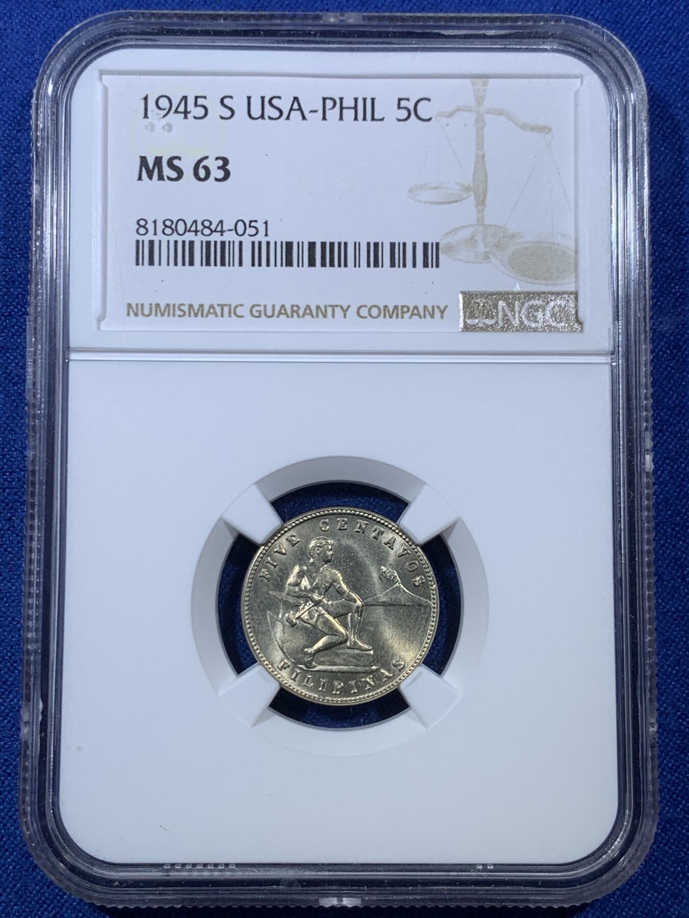 《竞宝斋》第306场   周日，周一 2场连拍 （全场包邮） NGC MS63 1945 美属菲律宾 5分 绝对低评 两面转光犀利 细节很不错 性价比高