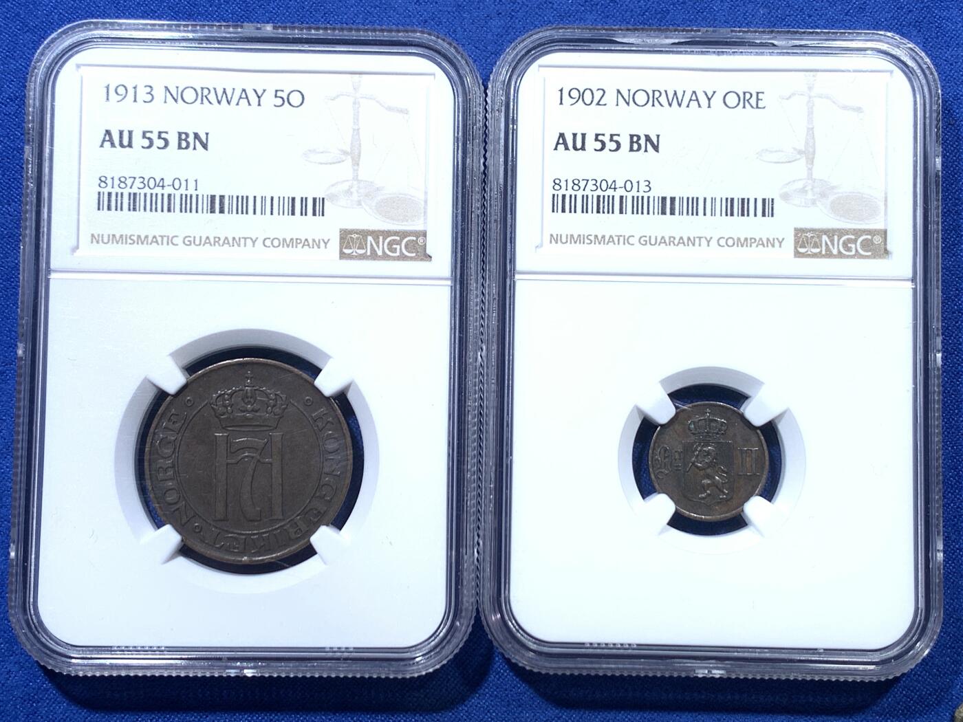 《竞宝斋》第306场   周日，周一 2场连拍 （全场包邮） 两枚一组 NGC AU55BN 挪威老铜币 都是较少见年份 单买通货都需200+一个，1欧尔到了这个状态更是凤毛麟角，北欧收藏佳品！