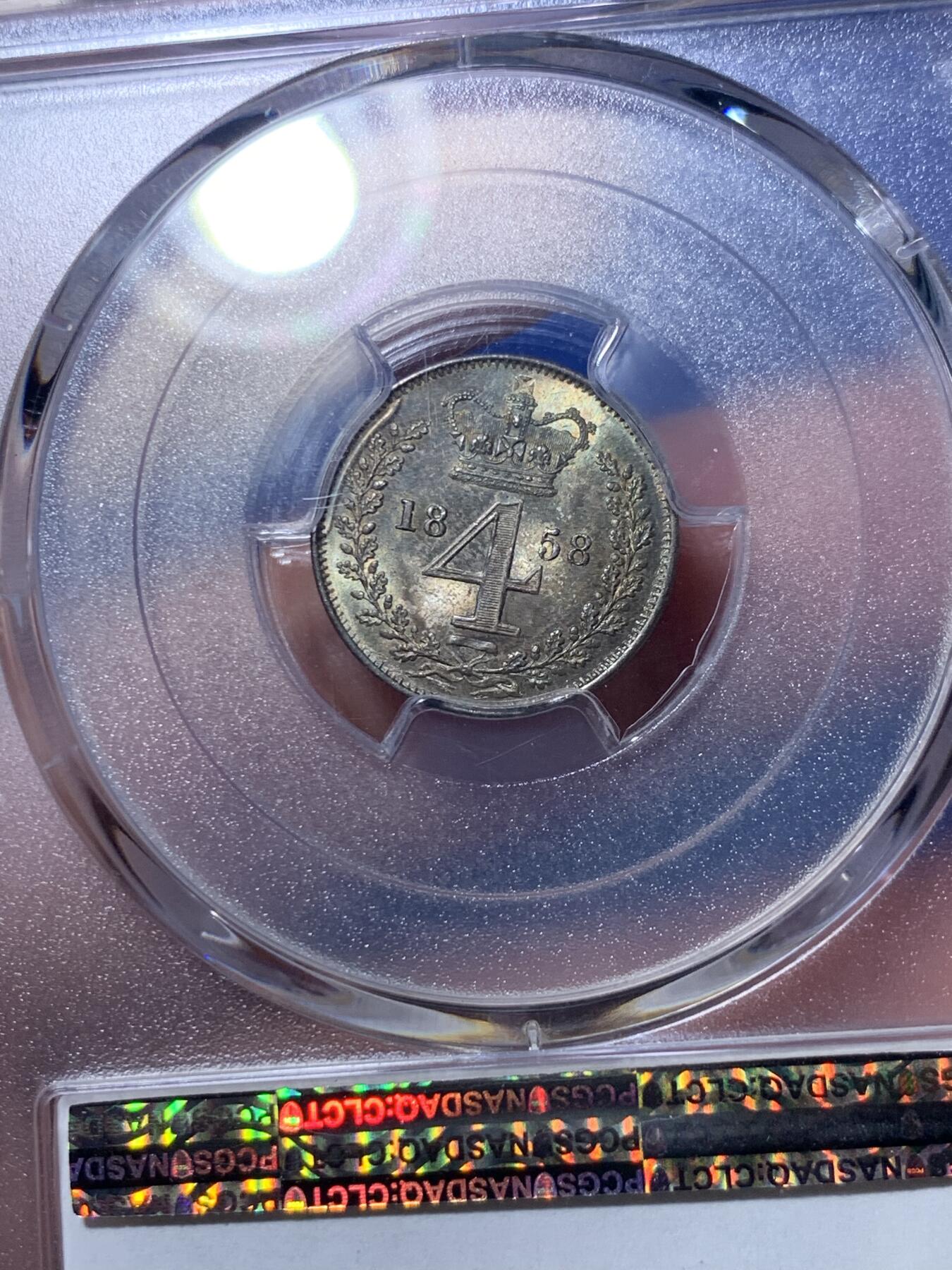 《竞宝斋》第306场   周日，周一 2场连拍 （全场包邮） 4枚一组 PCGS PL64-65 英国1858维多利亚早期濯足币，很难得，1D亚军分，2D冠军分，3D亚军分，4D季军分