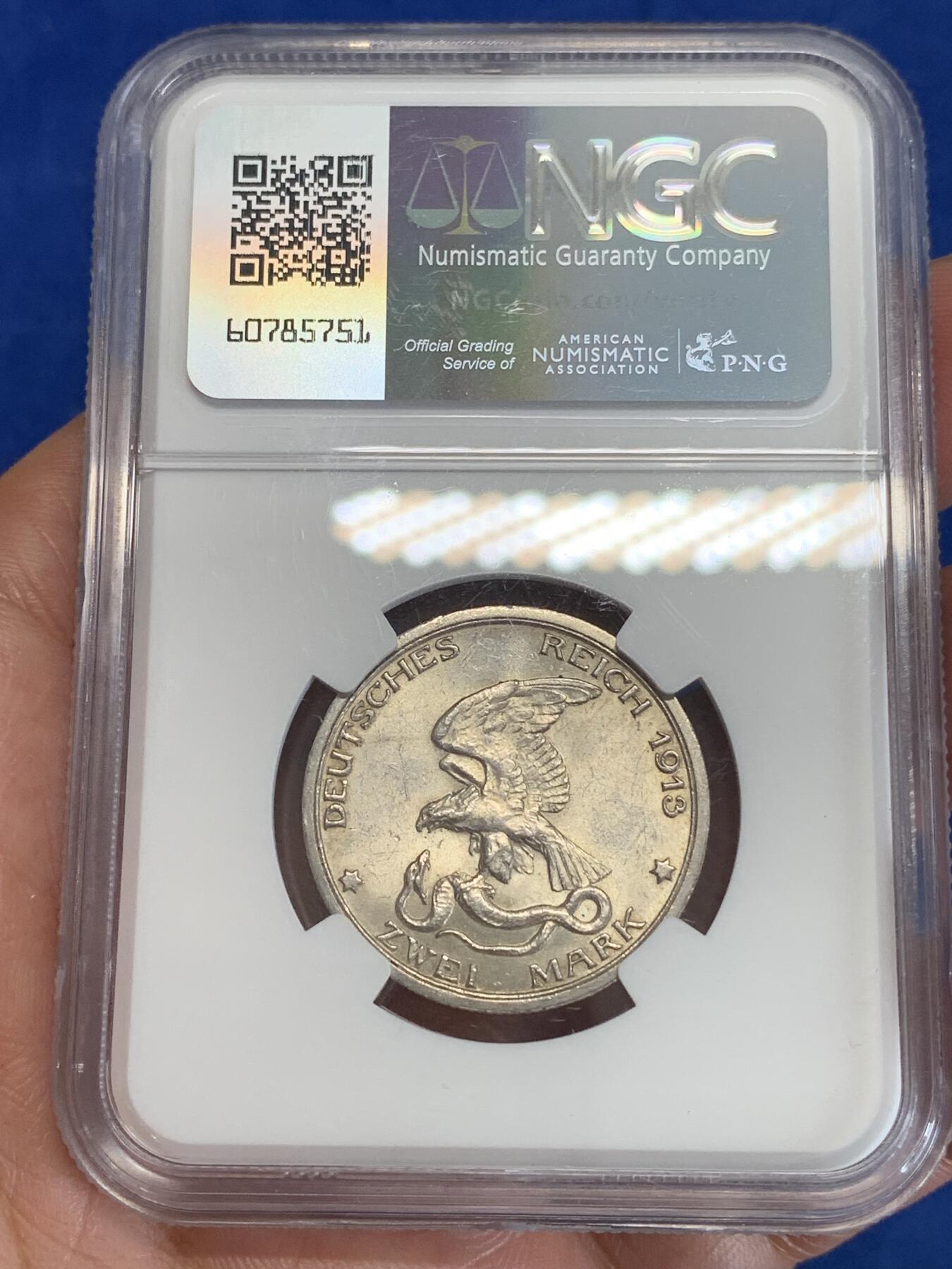 《竞宝斋》第306场   周日，周一 2场连拍 （全场包邮） NGC MS62 德国1913年普鲁士战胜拿破仑2马克银币