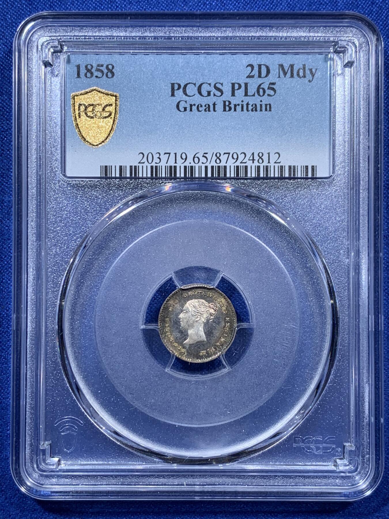 《竞宝斋》第306场   周日，周一 2场连拍 （全场包邮） 4枚一组 PCGS PL64-65 英国1858维多利亚早期濯足币，很难得，1D亚军分，2D冠军分，3D亚军分，4D季军分