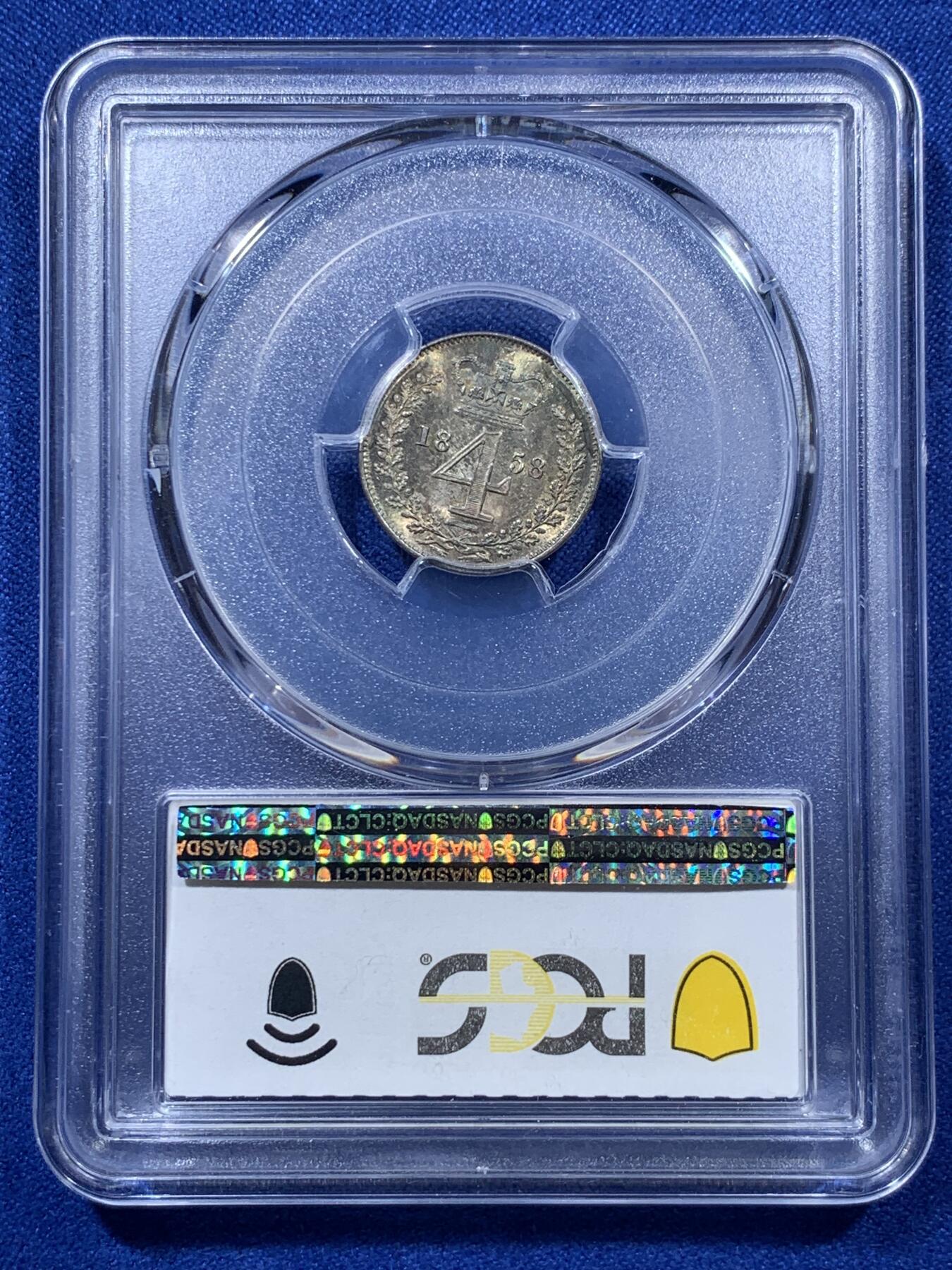 《竞宝斋》第306场   周日，周一 2场连拍 （全场包邮） 4枚一组 PCGS PL64-65 英国1858维多利亚早期濯足币，很难得，1D亚军分，2D冠军分，3D亚军分，4D季军分