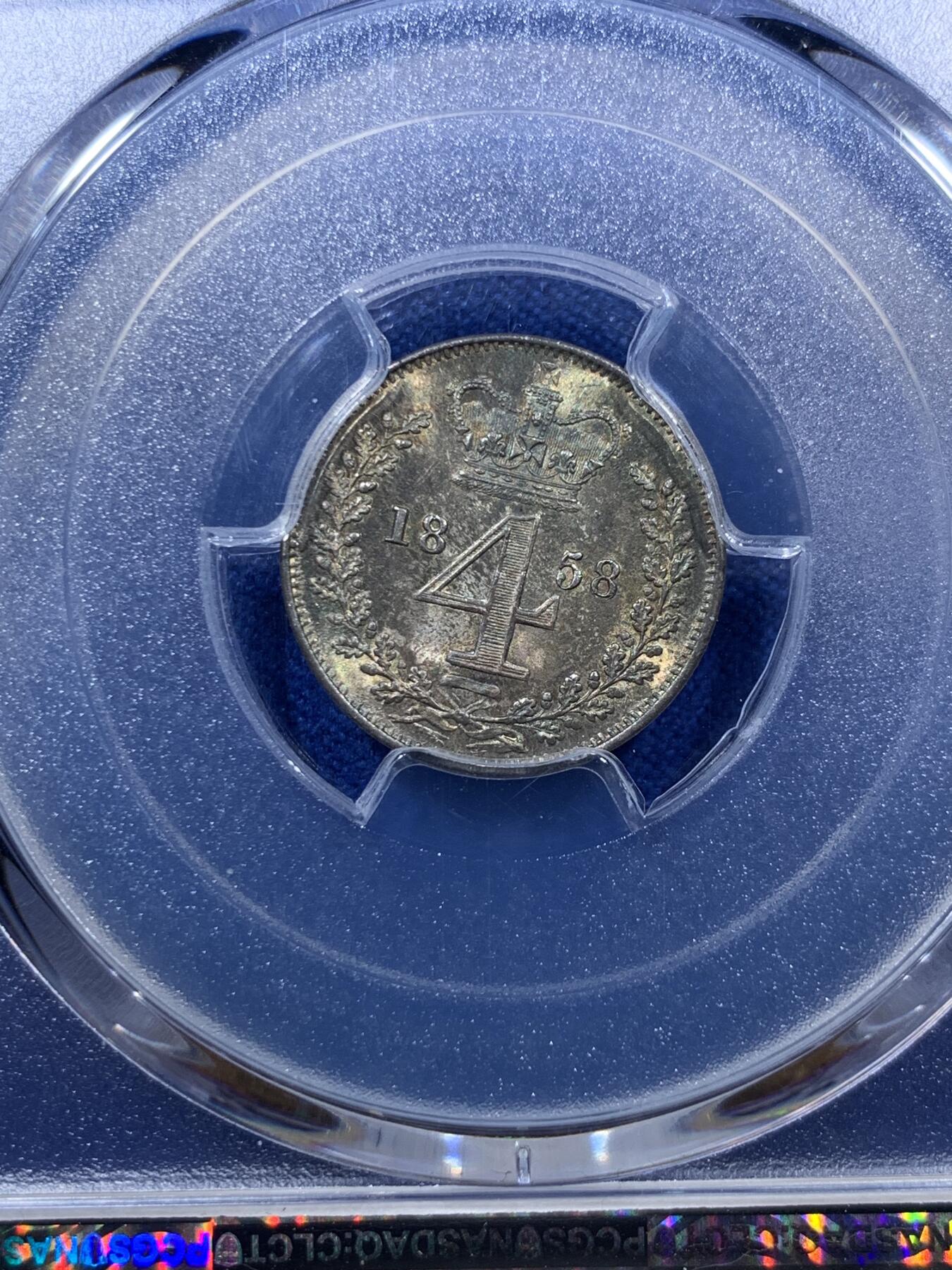 《竞宝斋》第306场   周日，周一 2场连拍 （全场包邮） 4枚一组 PCGS PL64-65 英国1858维多利亚早期濯足币，很难得，1D亚军分，2D冠军分，3D亚军分，4D季军分