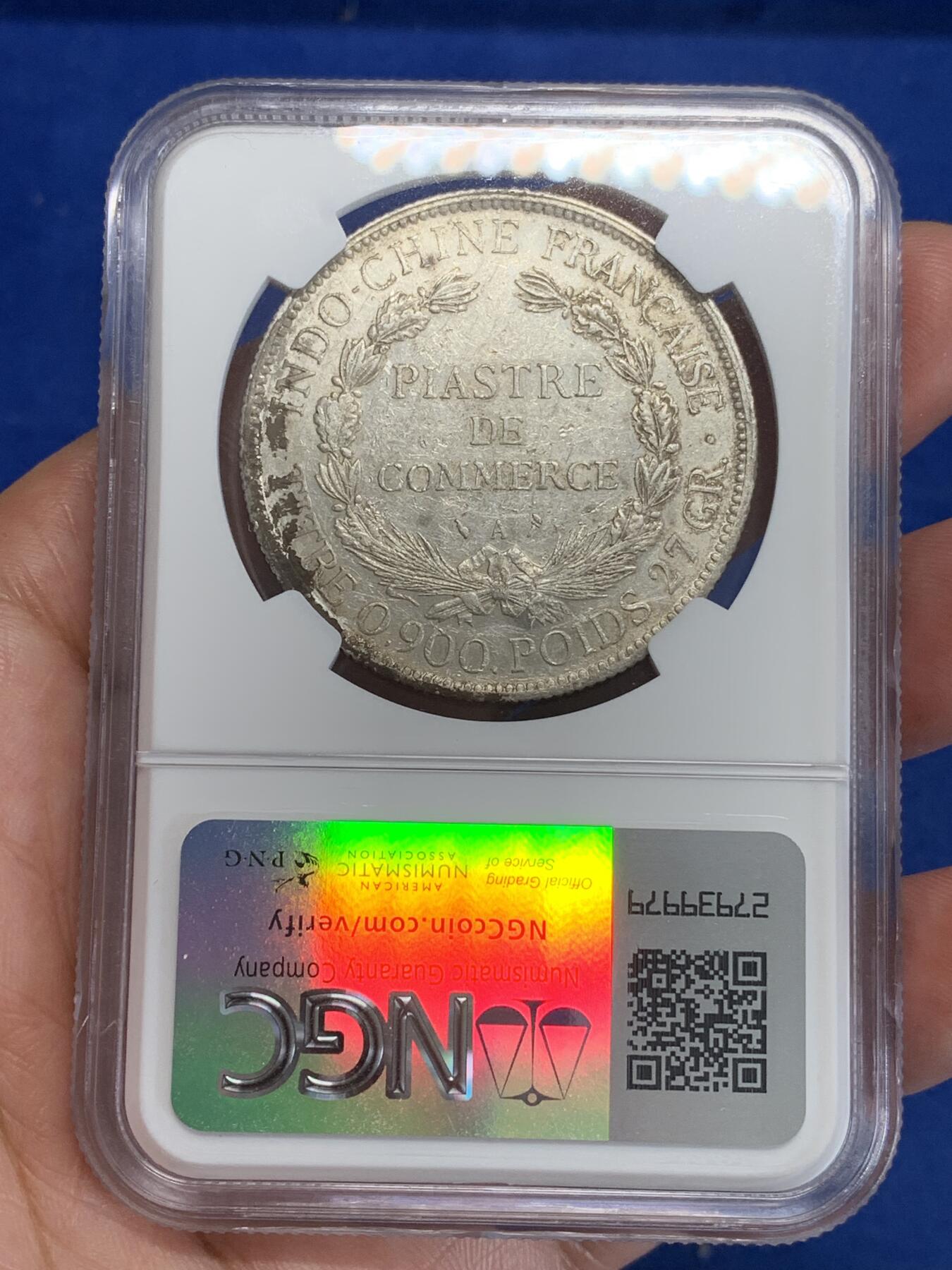 《竞宝斋》第306场   周日，周一 2场连拍 （全场包邮） NGC AUD 法属坐洋1898年1皮阿斯特大银币 面部有一异形戳记 女神双眼依旧清晰 光度不错