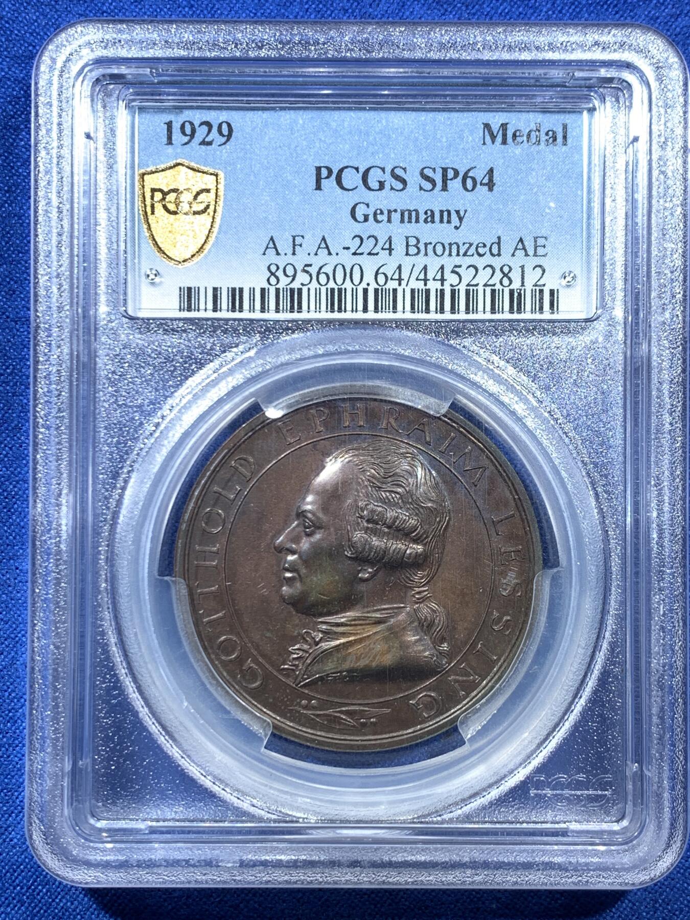 《竞宝斋》第306场   周日，周一 2场连拍 （全场包邮） PCGS SP64 德国1929莱辛200年纪念铜章