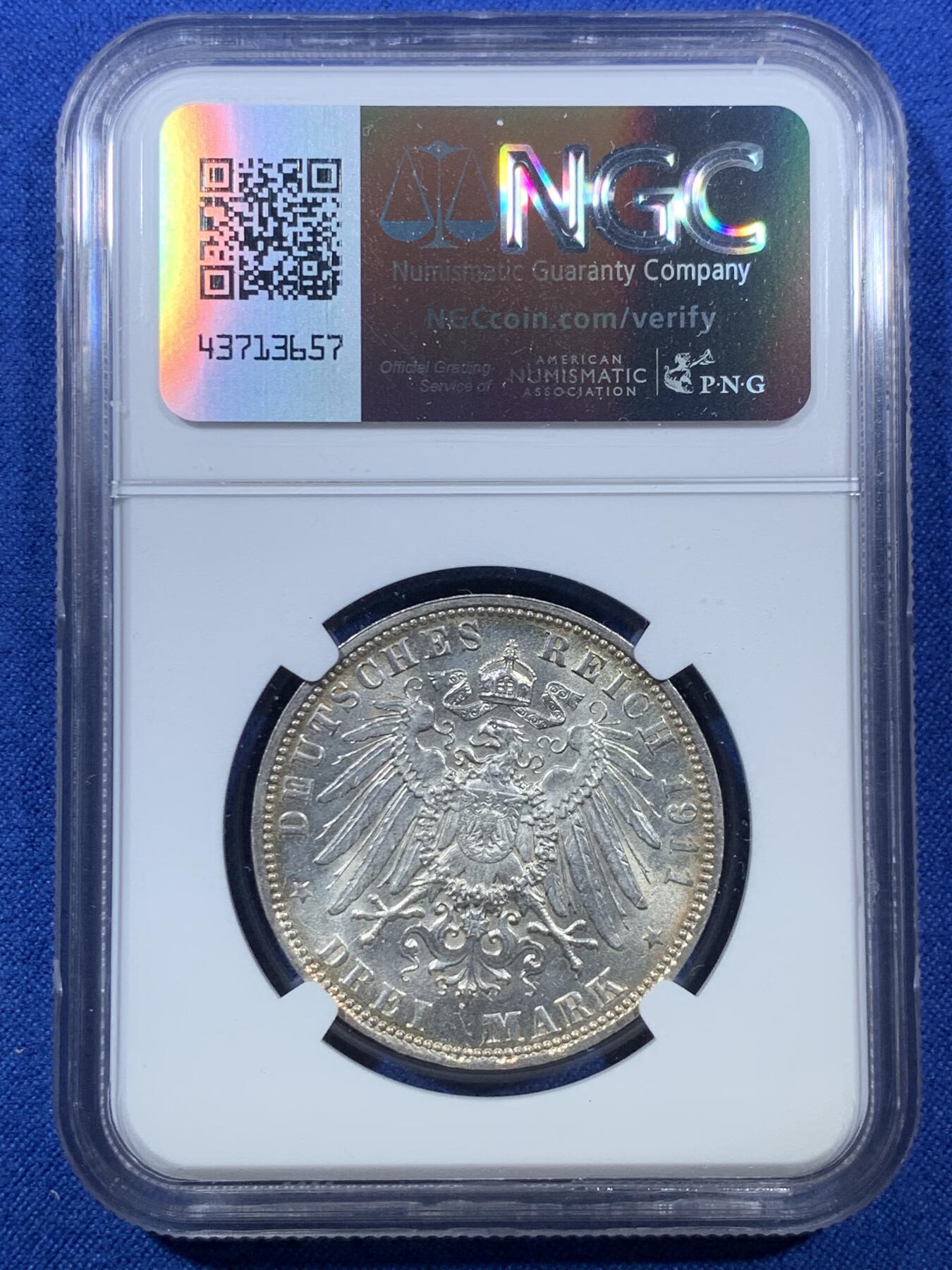 《竞宝斋》第306场   周日，周一 2场连拍 （全场包邮） NGC MS64 德国1911年巴伐利亚利奥波德3马克