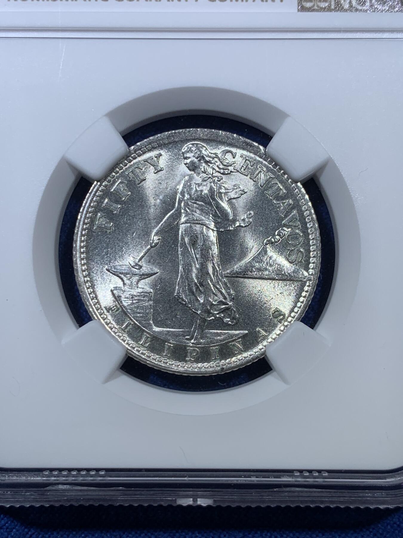 《竞宝斋》第306场   周日，周一 2场连拍 （全场包邮） NGC MS63 热门品种 1945 美属菲律宾 50分银币 两面转光 女神和国徽的细节犀利 绝对低评 喜欢白币的不容错过