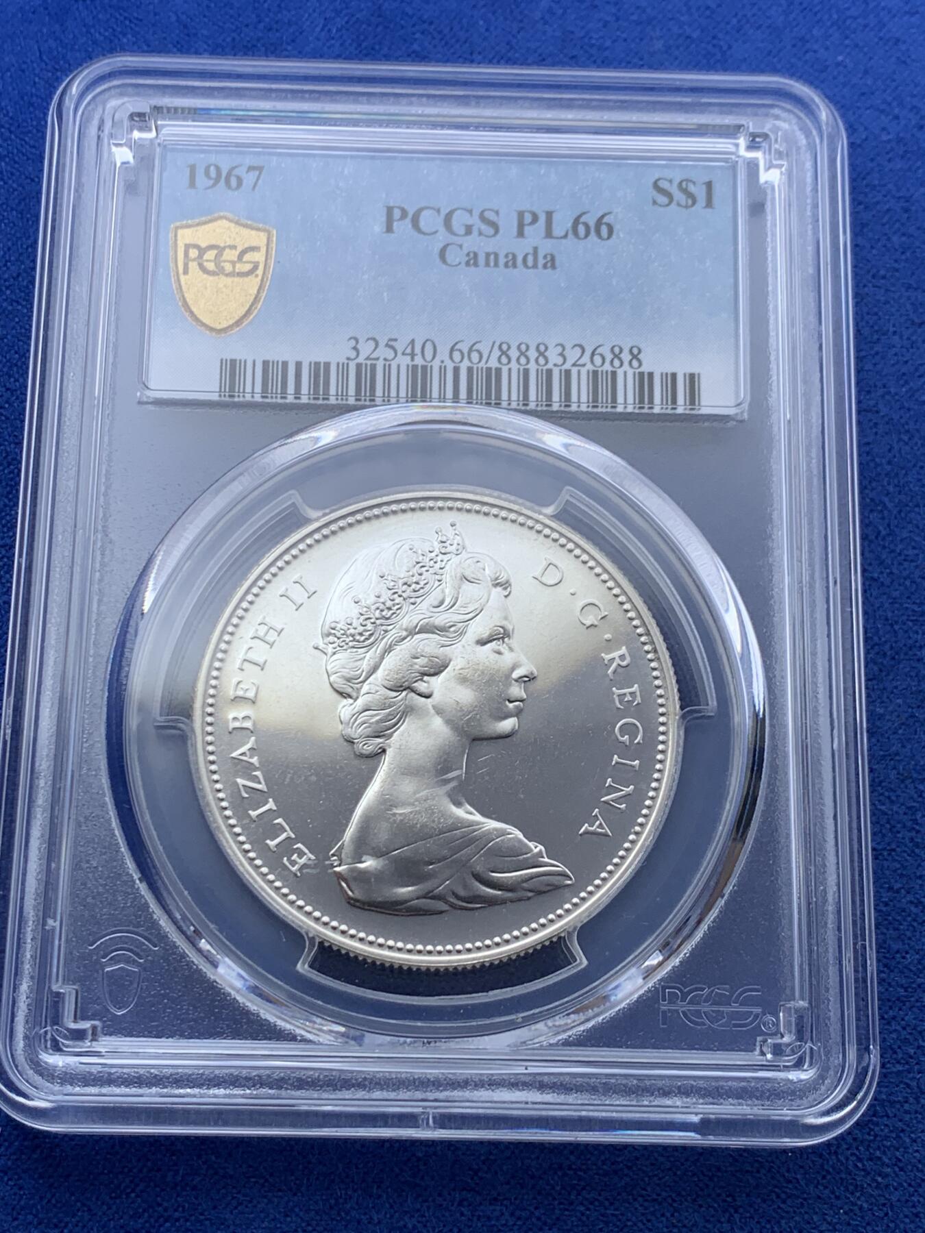 《竞宝斋》第306场   周日，周一 2场连拍 （全场包邮） PCGS PL66 加拿大 1967 大雁1元银币，币面干净漂亮！热门品种！