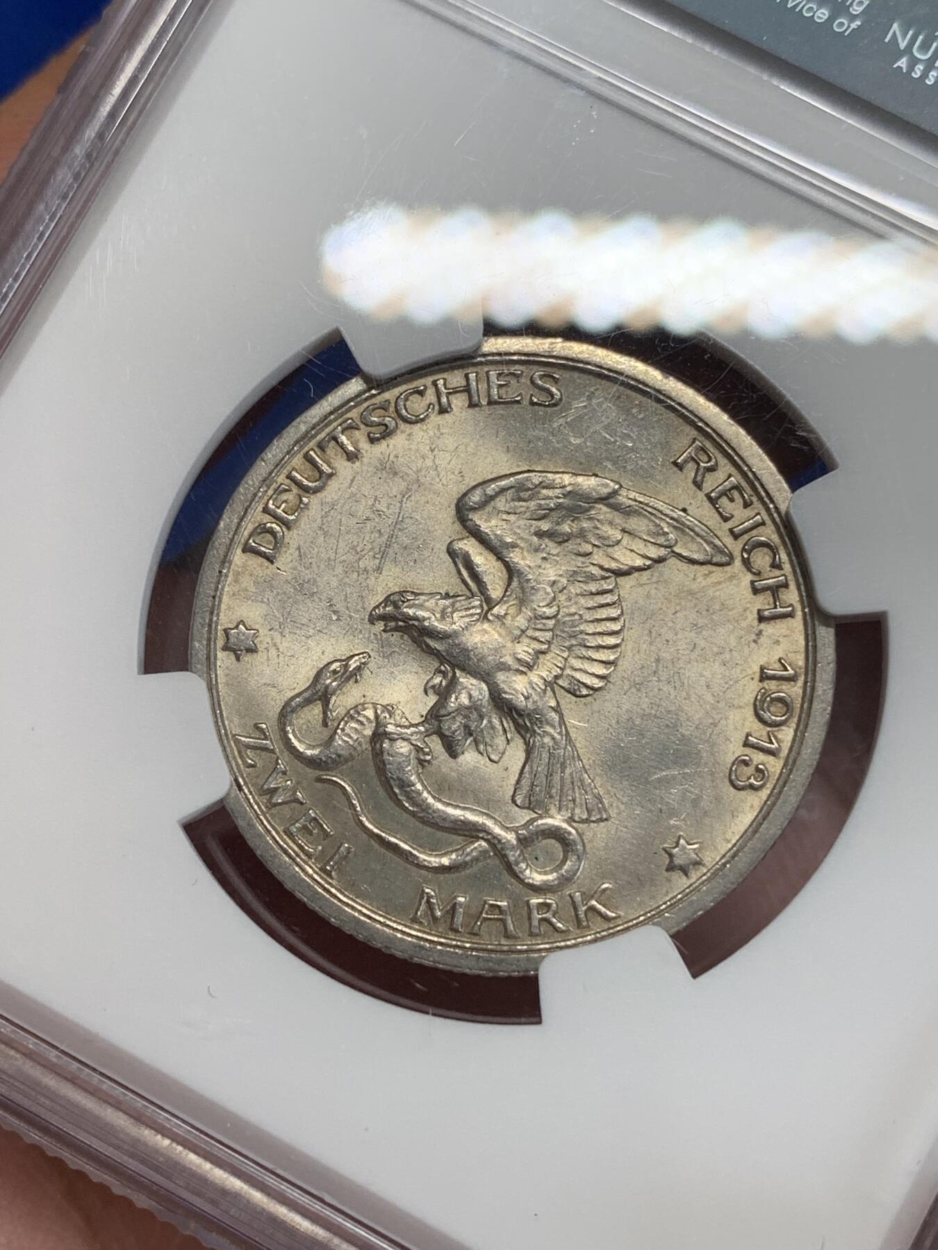 《竞宝斋》第306场   周日，周一 2场连拍 （全场包邮） NGC MS62 德国1913年普鲁士战胜拿破仑2马克银币
