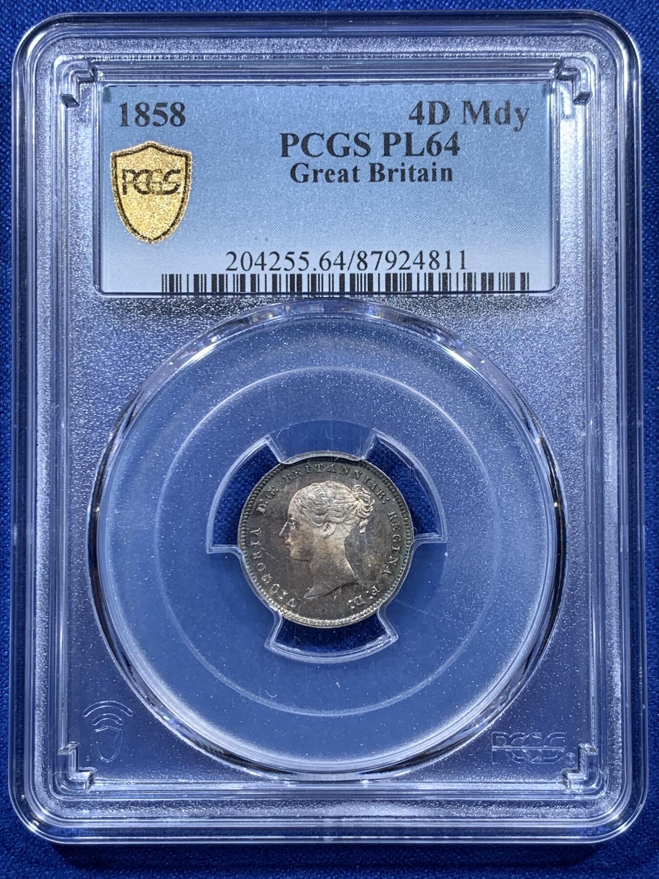 《竞宝斋》第306场   周日，周一 2场连拍 （全场包邮） 4枚一组 PCGS PL64-65 英国1858维多利亚早期濯足币，很难得，1D亚军分，2D冠军分，3D亚军分，4D季军分
