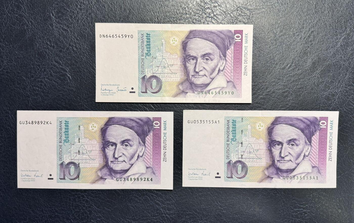 收藏联盟Quantum Auction 第375期拍卖  德国联邦1993年和1999年10马克三张 品相如图 数学家高斯