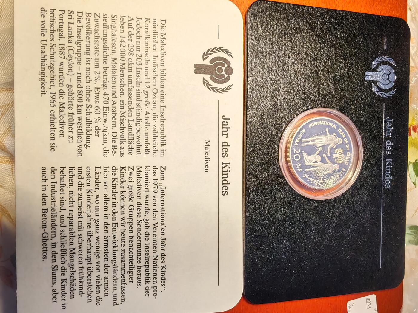 长老汇龙年精选第二十九场拍卖 1979马尔代夫国际儿童年20卢菲亚精制银币，黑卡少见，1.2万枚
