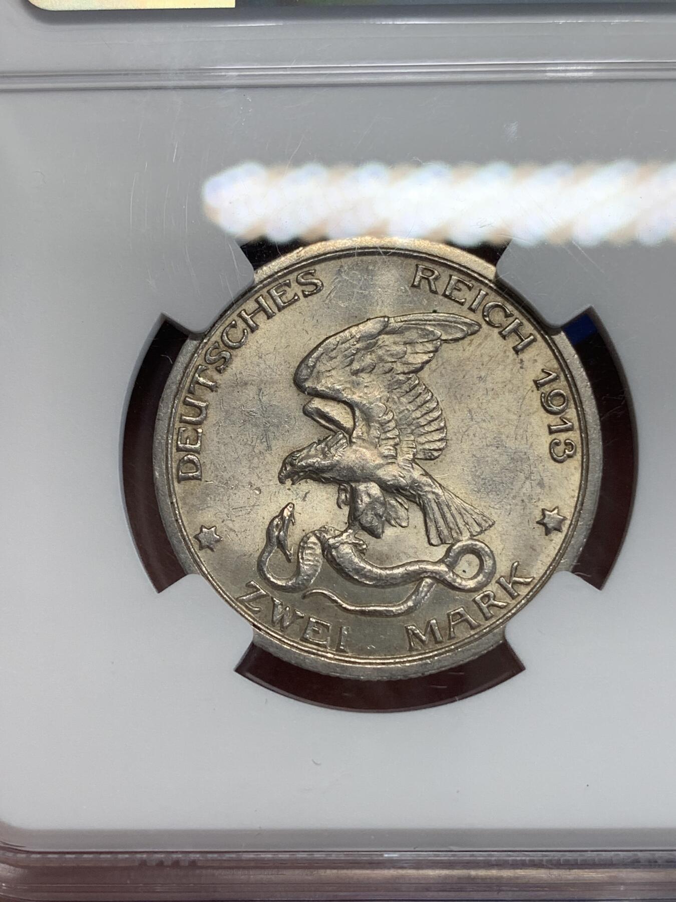 《竞宝斋》第306场   周日，周一 2场连拍 （全场包邮） NGC MS62 德国1913年普鲁士战胜拿破仑2马克银币