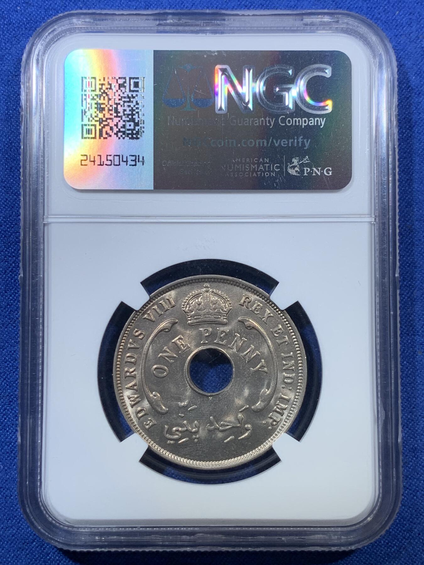《竞宝斋》第306场   周日，周一 2场连拍 （全场包邮） NGC MS66 英属西非 1936年 爱德华八世 1便士镍币 亚军分！过65少见分数，收藏一步到位，喜欢的不要错过了