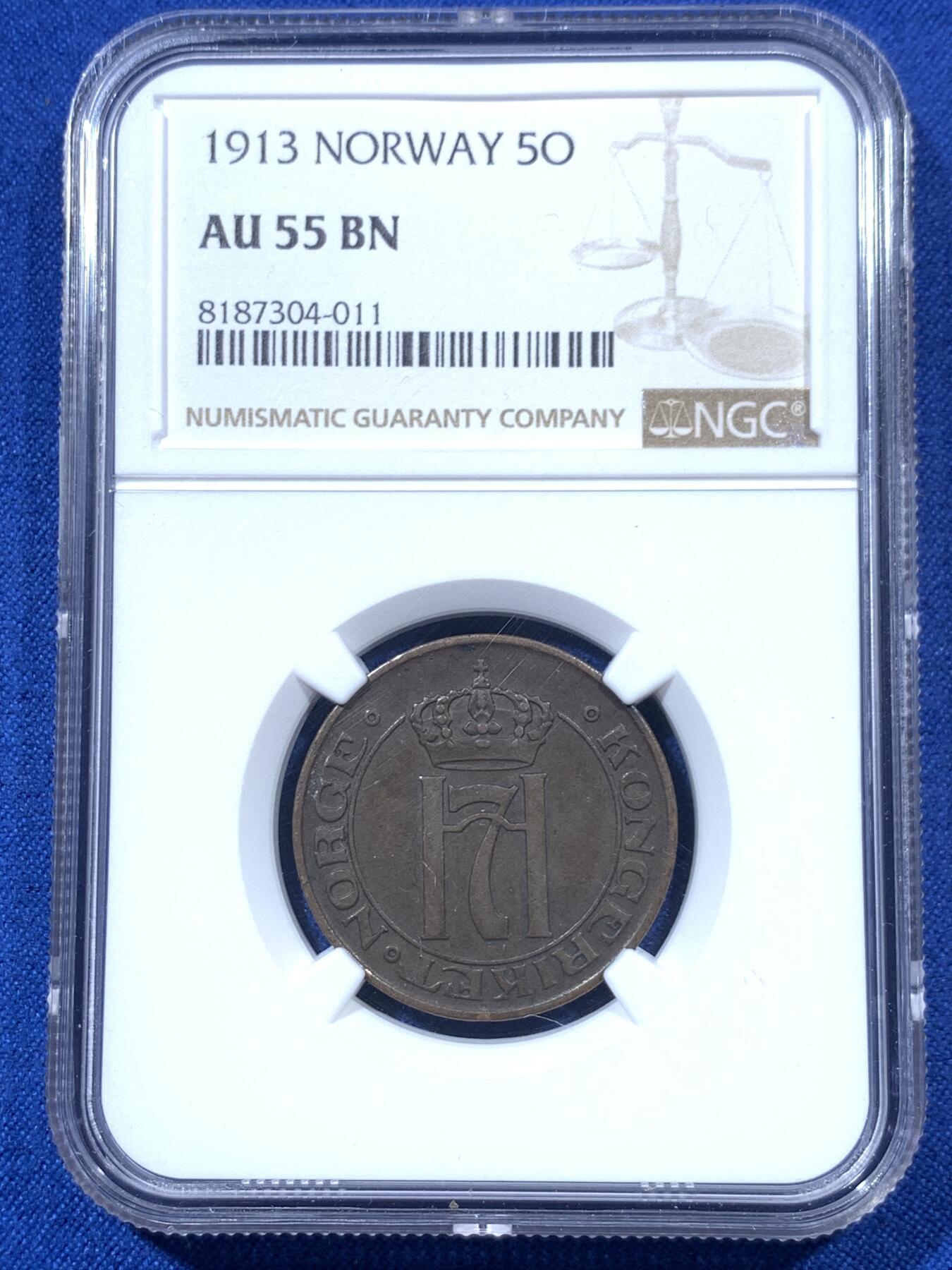 《竞宝斋》第306场   周日，周一 2场连拍 （全场包邮） 两枚一组 NGC AU55BN 挪威老铜币 都是较少见年份 单买通货都需200+一个，1欧尔到了这个状态更是凤毛麟角，北欧收藏佳品！